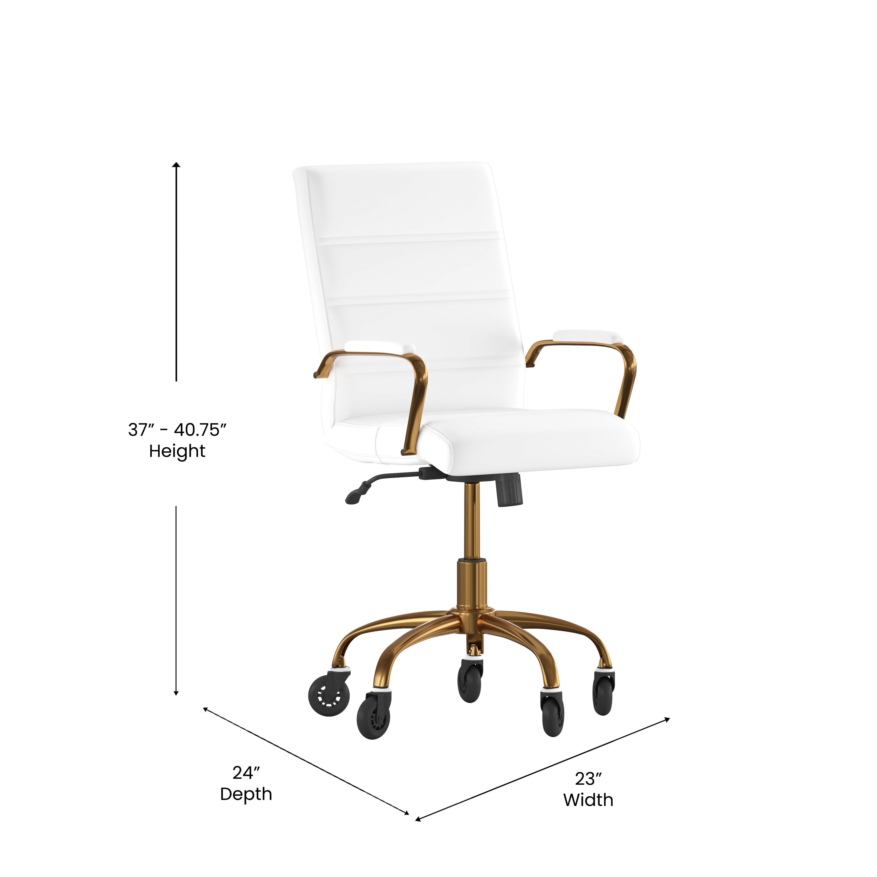 Camilia Mid-Back White LeatherSoft Executive Swivel Office Chair with Gold Frame, Arms, and Transparent Roller Wheels