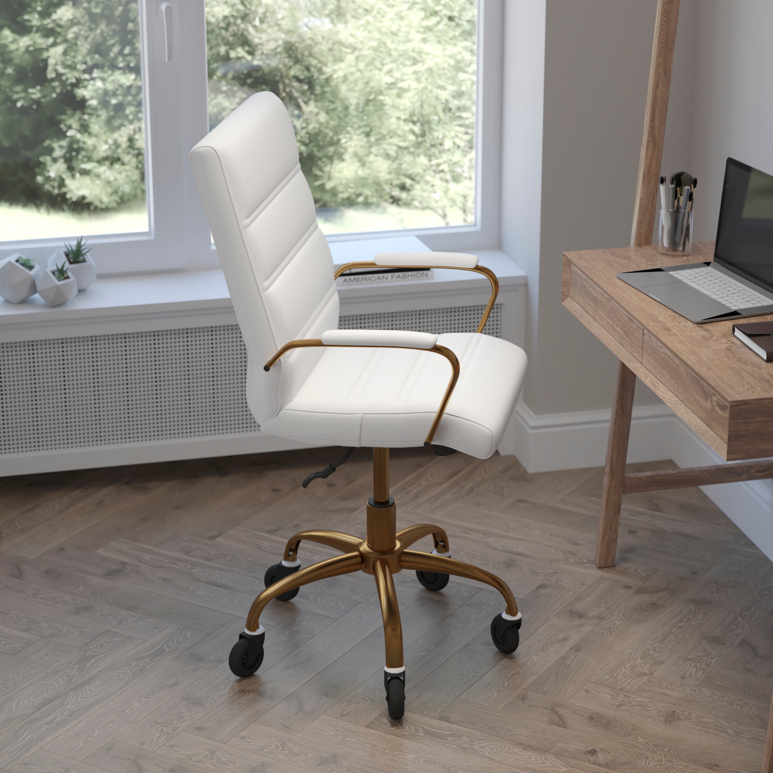 Camilia Mid-Back White LeatherSoft Executive Swivel Office Chair with Gold Frame, Arms, and Transparent Roller Wheels