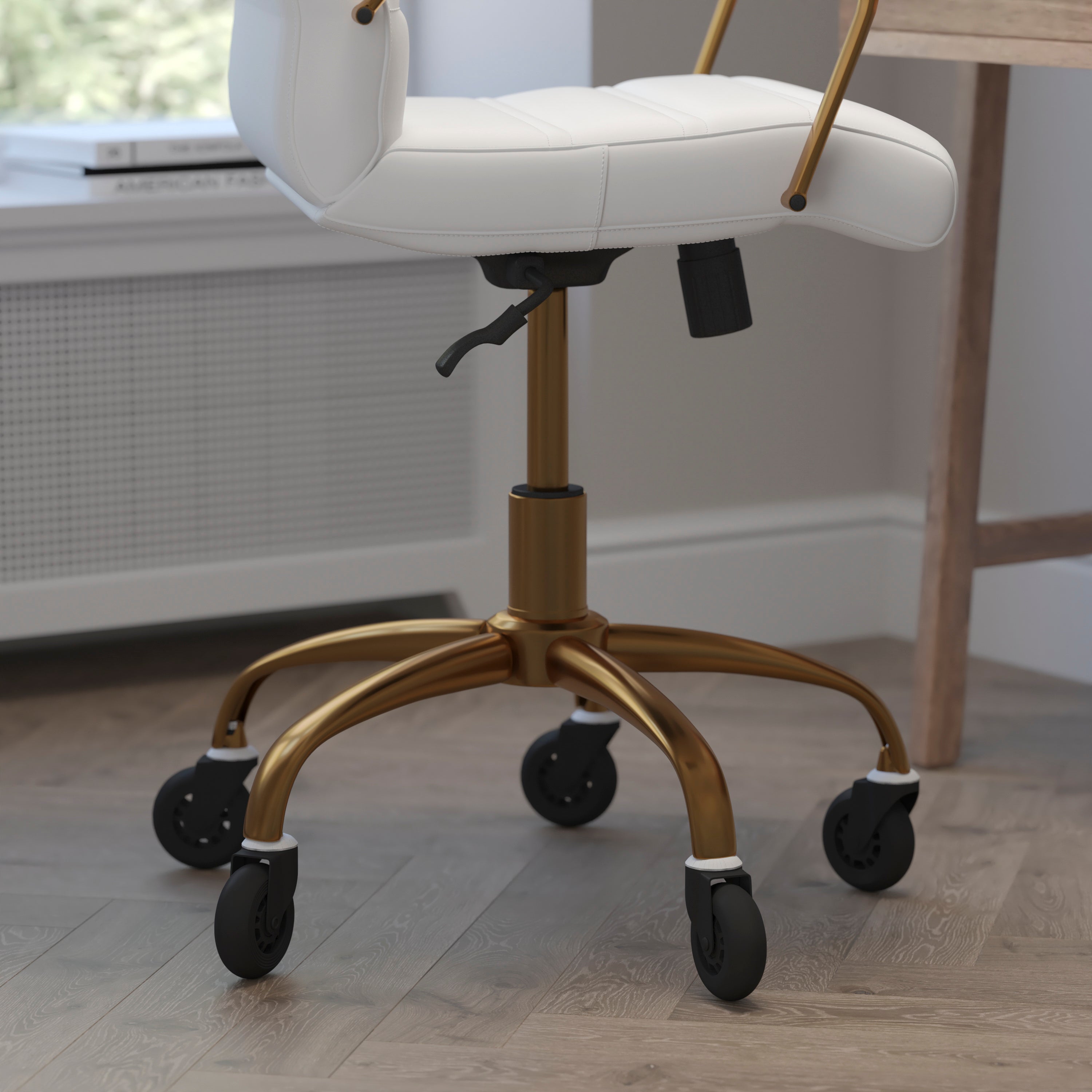 Camilia Mid-Back White LeatherSoft Executive Swivel Office Chair with Gold Frame, Arms, and Transparent Roller Wheels