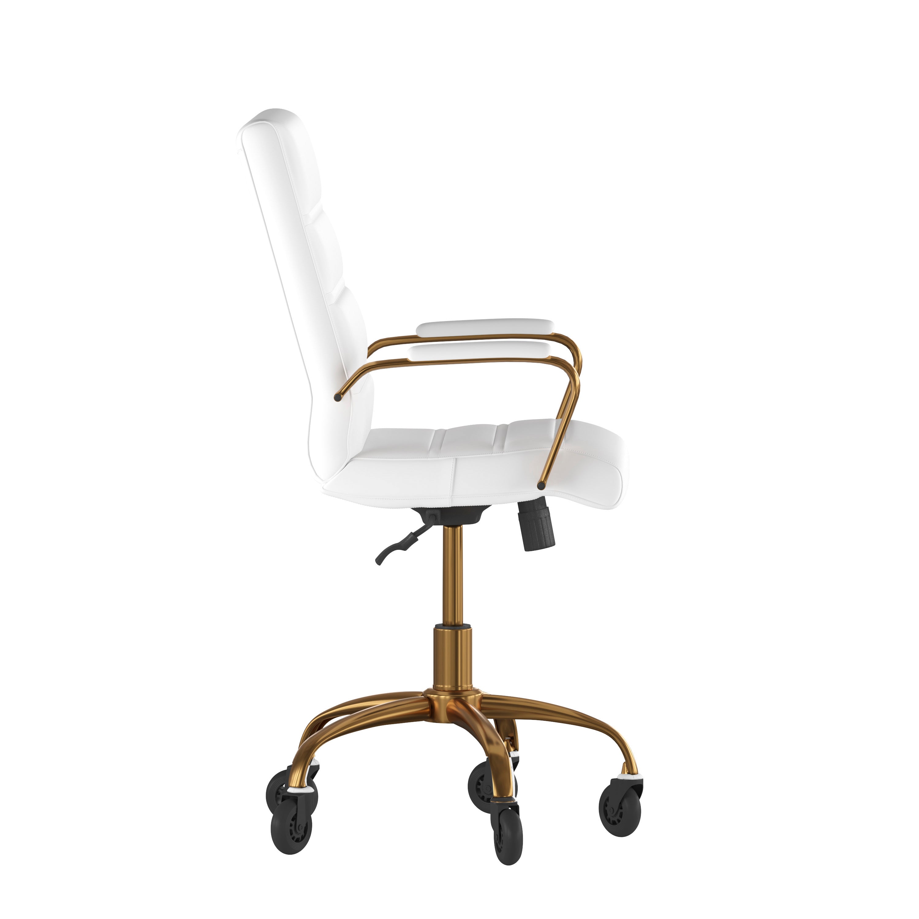 Camilia Mid-Back White LeatherSoft Executive Swivel Office Chair with Gold Frame, Arms, and Transparent Roller Wheels