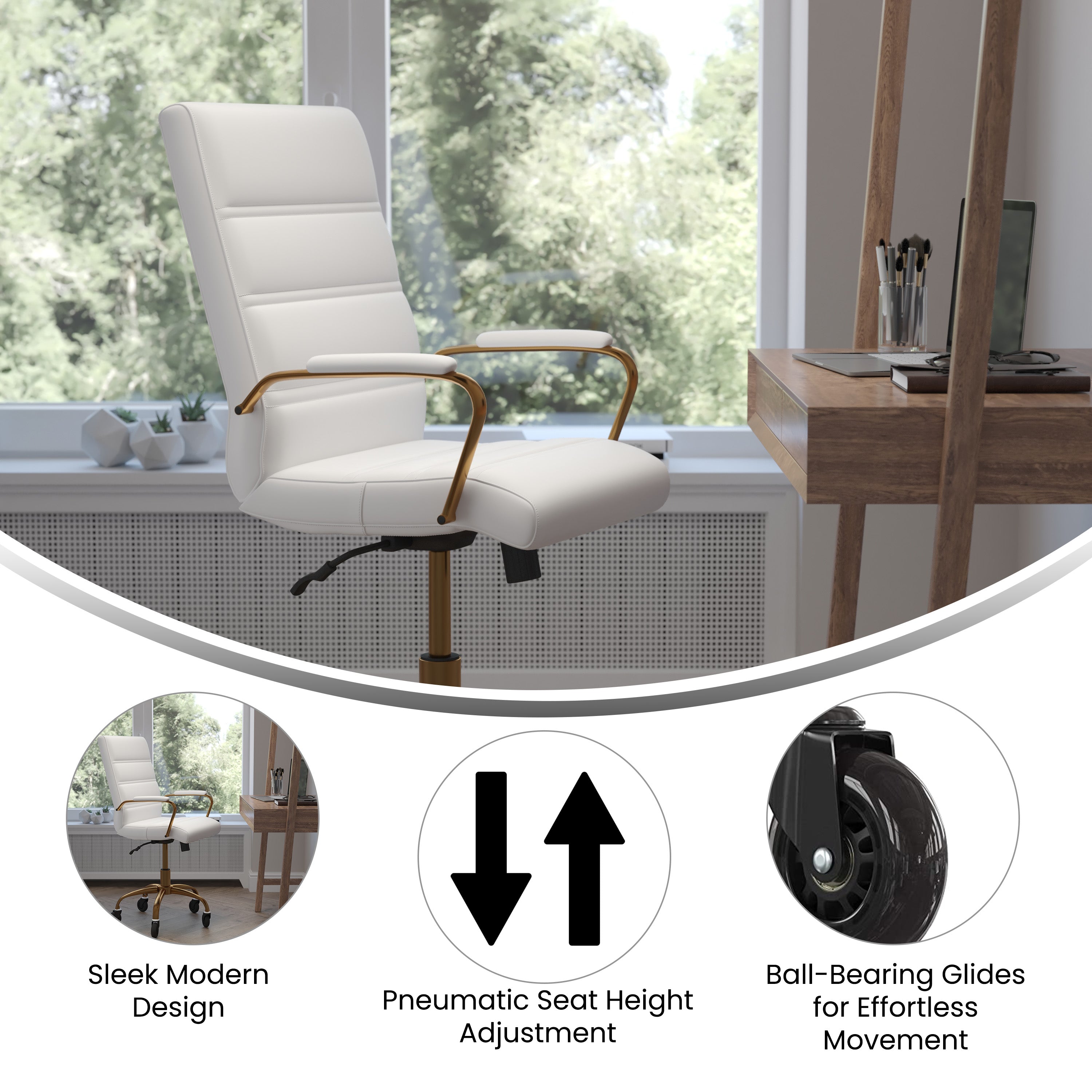 Camilia Mid-Back White LeatherSoft Executive Swivel Office Chair with Gold Frame, Arms, and Transparent Roller Wheels