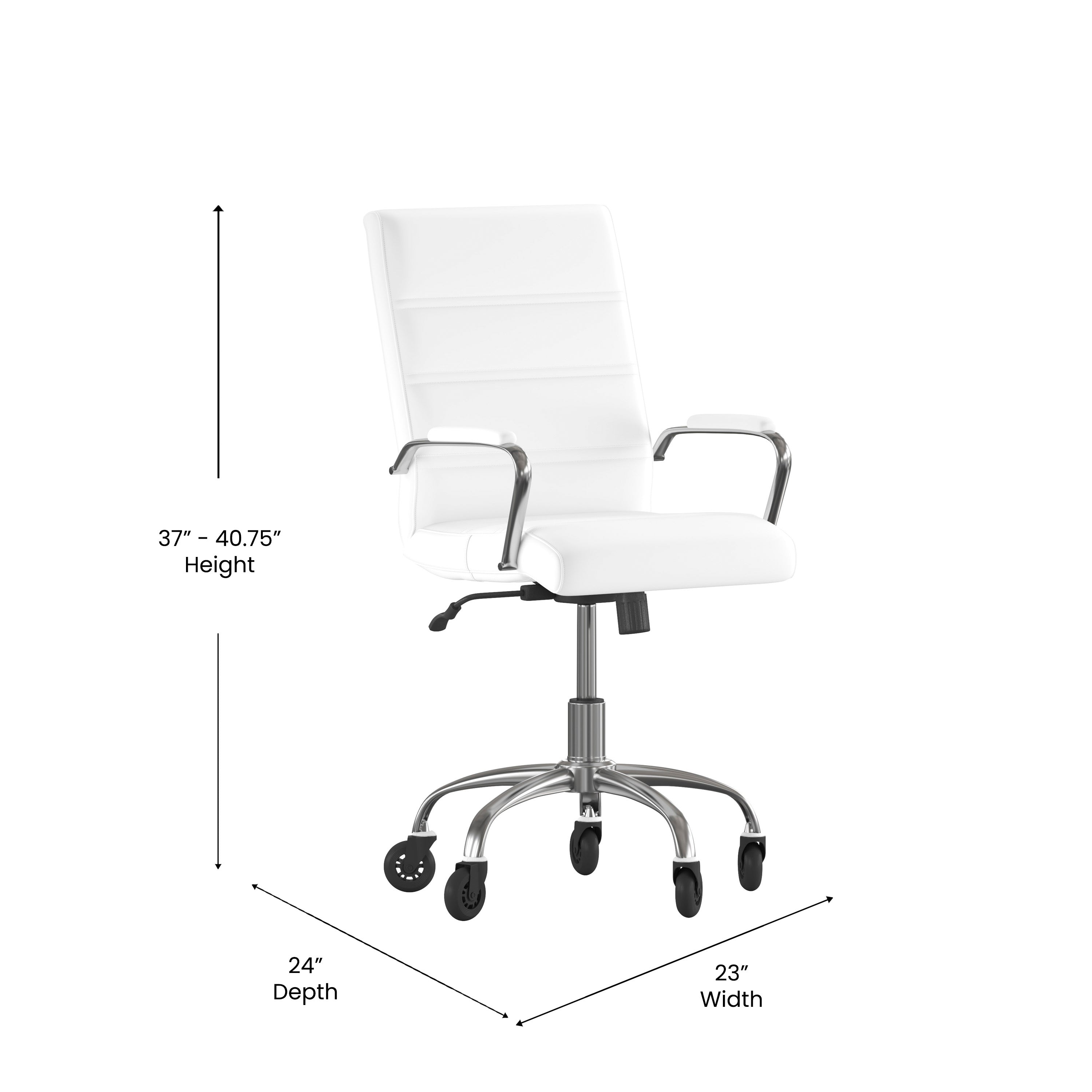 Camilia Mid-Back White LeatherSoft Executive Swivel Office Chair with Chrome Frame, Arms, and Transparent Roller Wheels