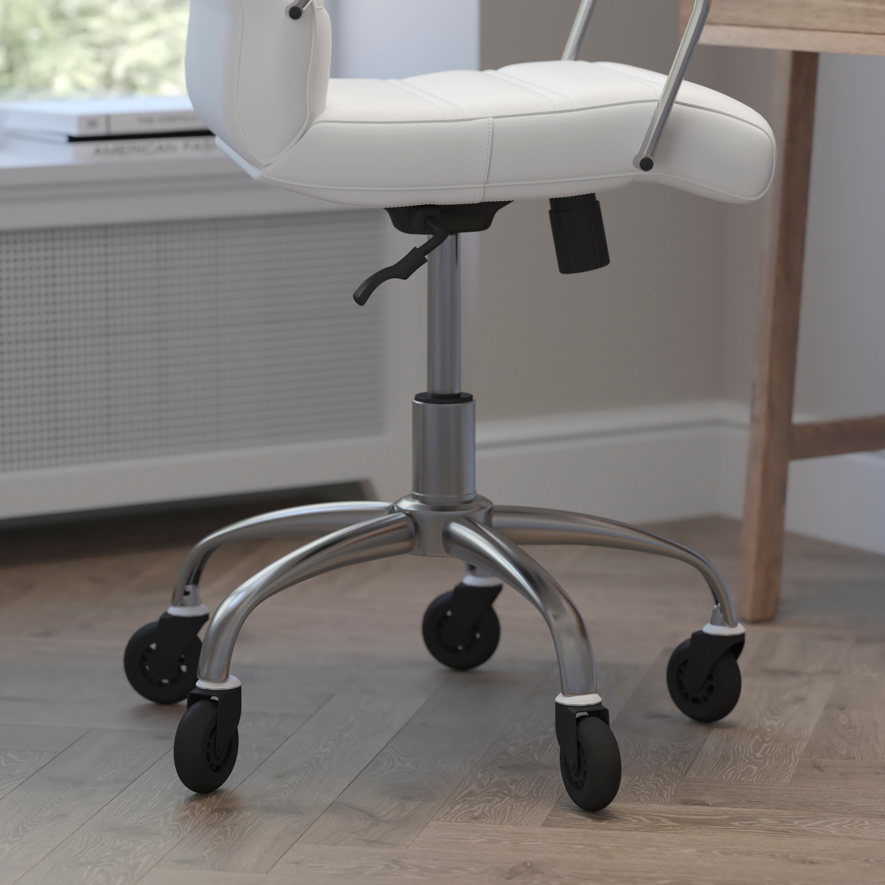 Camilia Mid-Back White LeatherSoft Executive Swivel Office Chair with Chrome Frame, Arms, and Transparent Roller Wheels