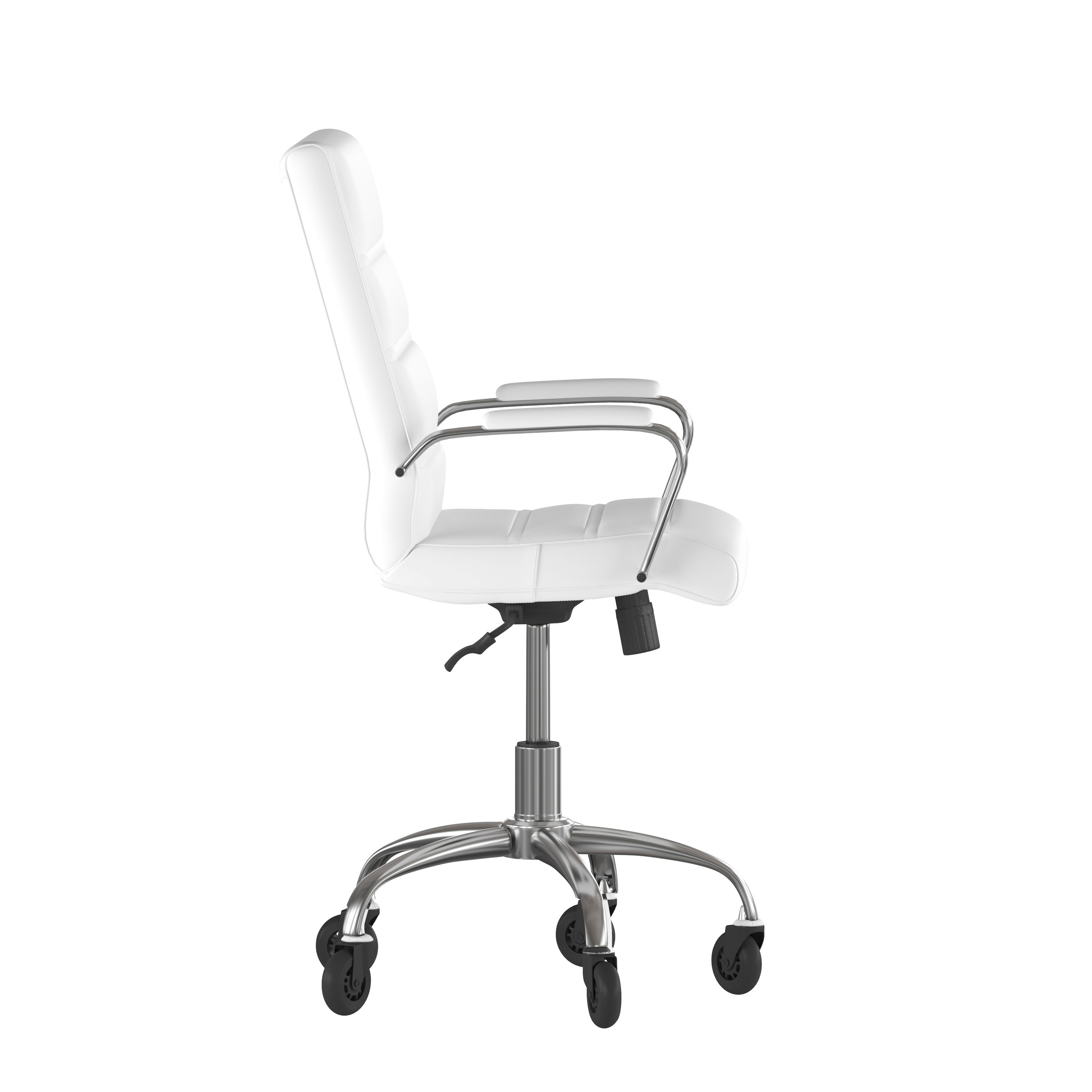 Camilia Mid-Back White LeatherSoft Executive Swivel Office Chair with Chrome Frame, Arms, and Transparent Roller Wheels