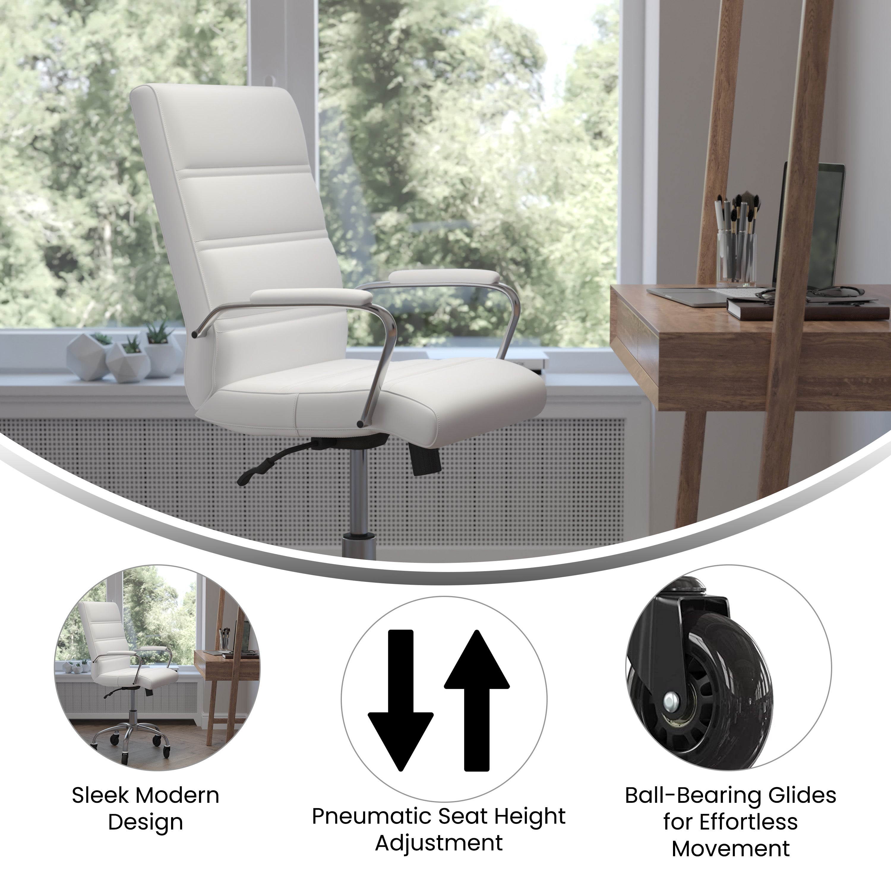Camilia Mid-Back White LeatherSoft Executive Swivel Office Chair with Chrome Frame, Arms, and Transparent Roller Wheels