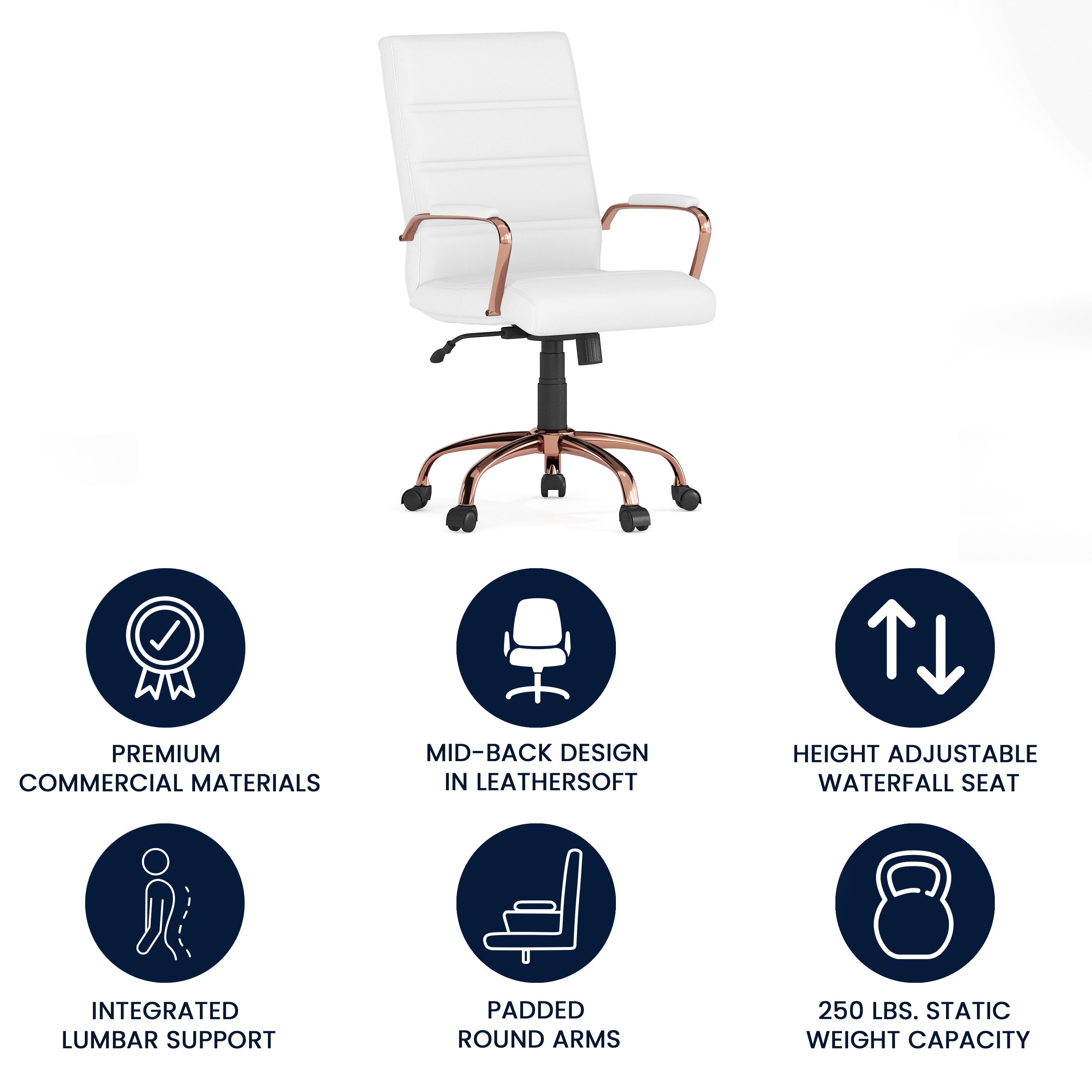 Whitney Mid-Back White LeatherSoft Executive Swivel Office Chair with Rose Gold Frame and Arms