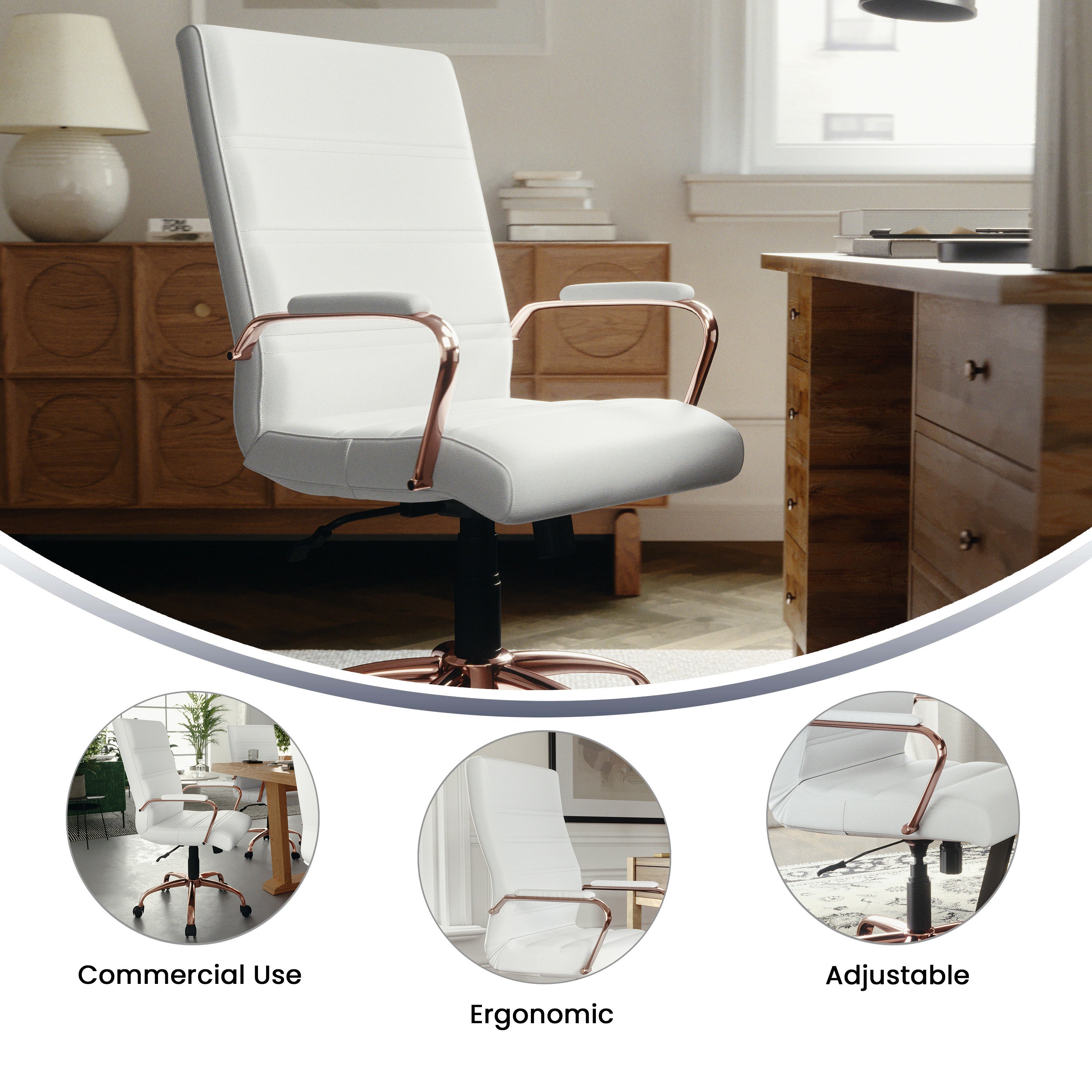 Whitney Mid-Back White LeatherSoft Executive Swivel Office Chair with Rose Gold Frame and Arms