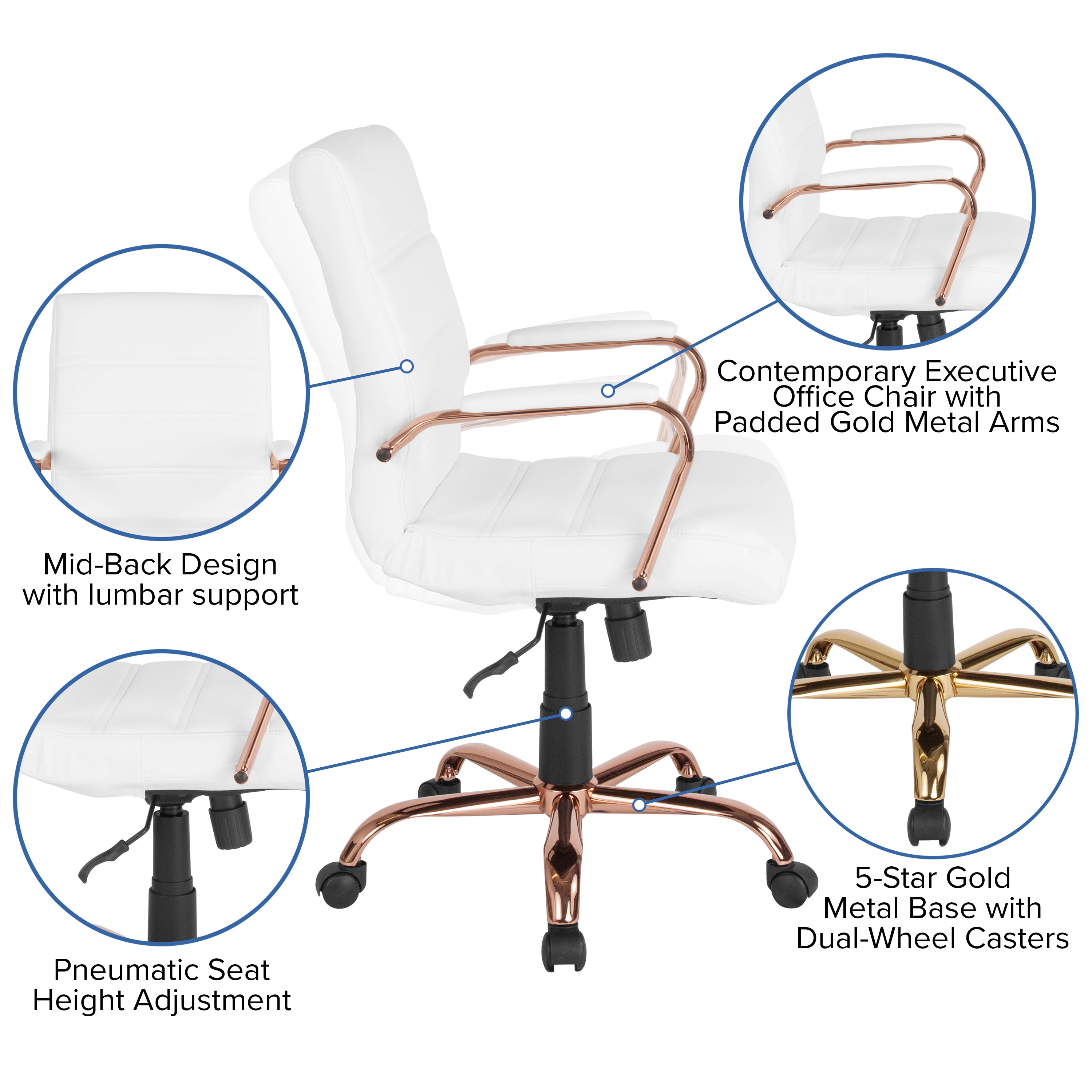 Whitney Mid-Back White LeatherSoft Executive Swivel Office Chair with Rose Gold Frame and Arms