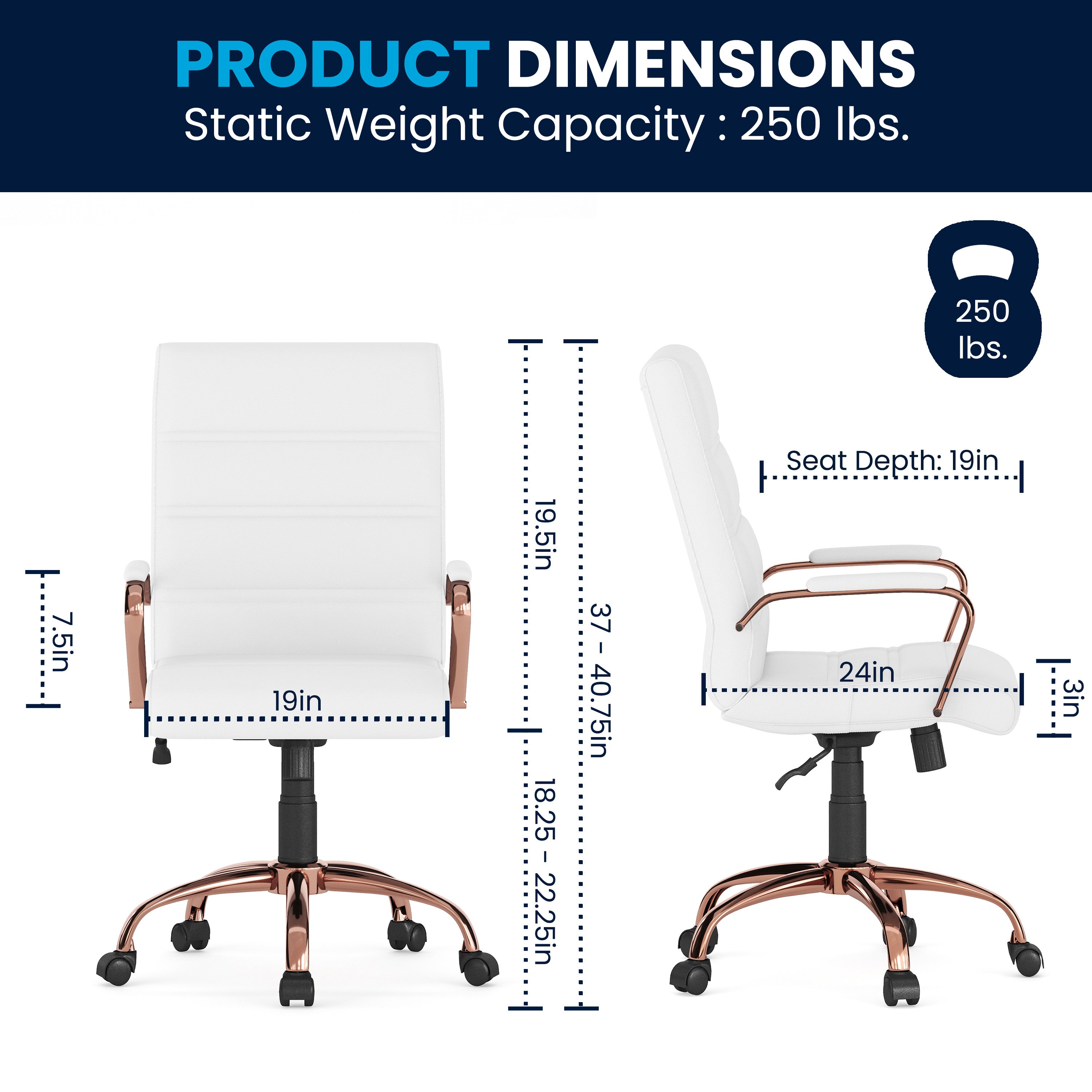 Whitney Mid-Back White LeatherSoft Executive Swivel Office Chair with Rose Gold Frame and Arms