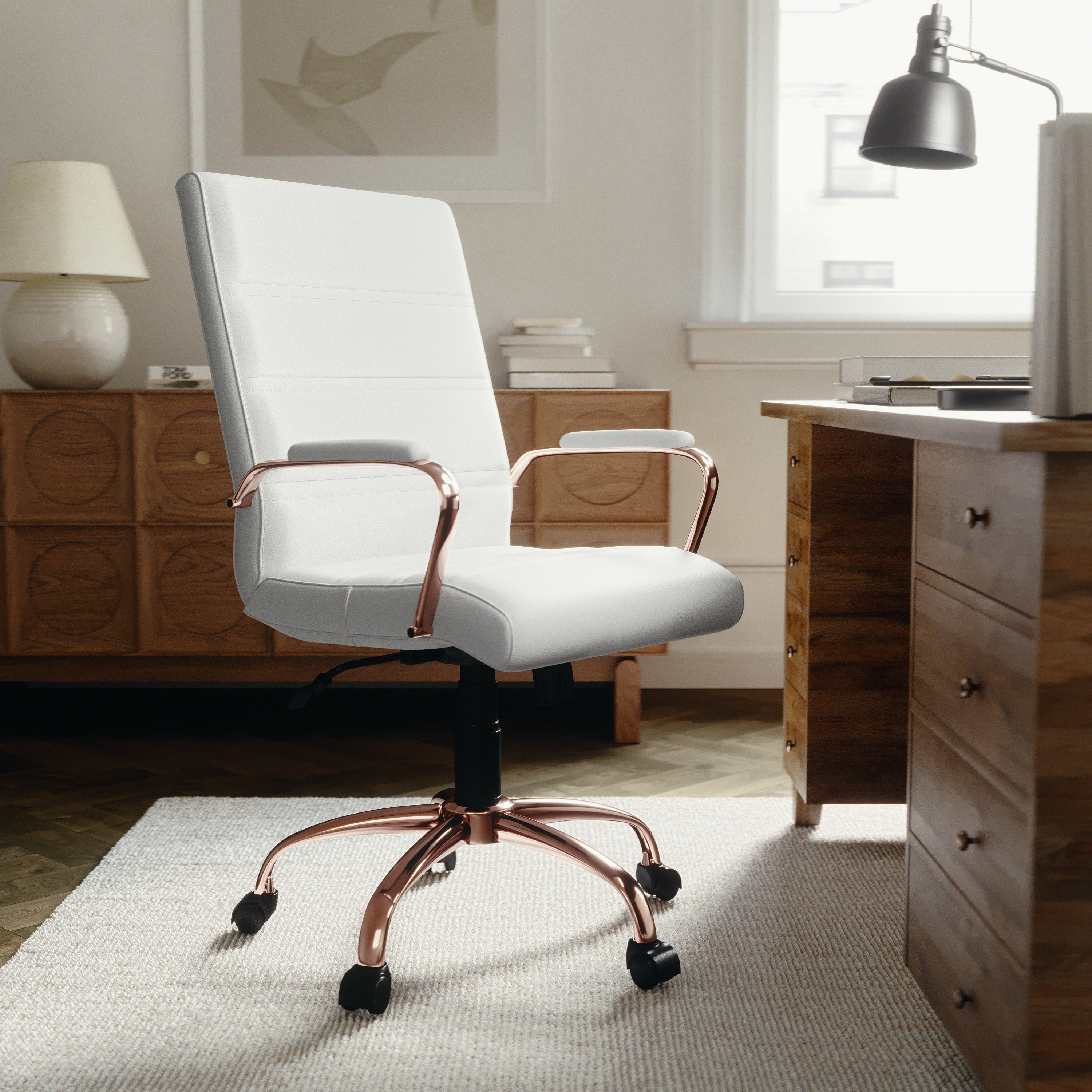 Whitney Mid-Back White LeatherSoft Executive Swivel Office Chair with Rose Gold Frame and Arms