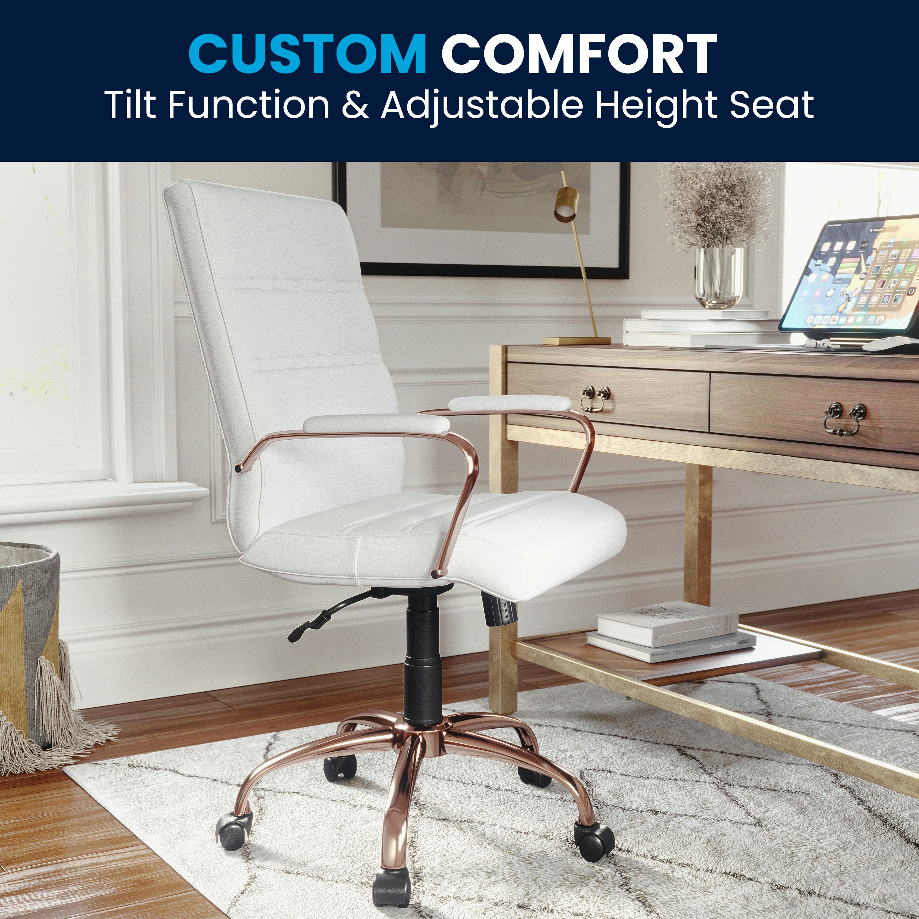 Whitney Mid-Back White LeatherSoft Executive Swivel Office Chair with Rose Gold Frame and Arms