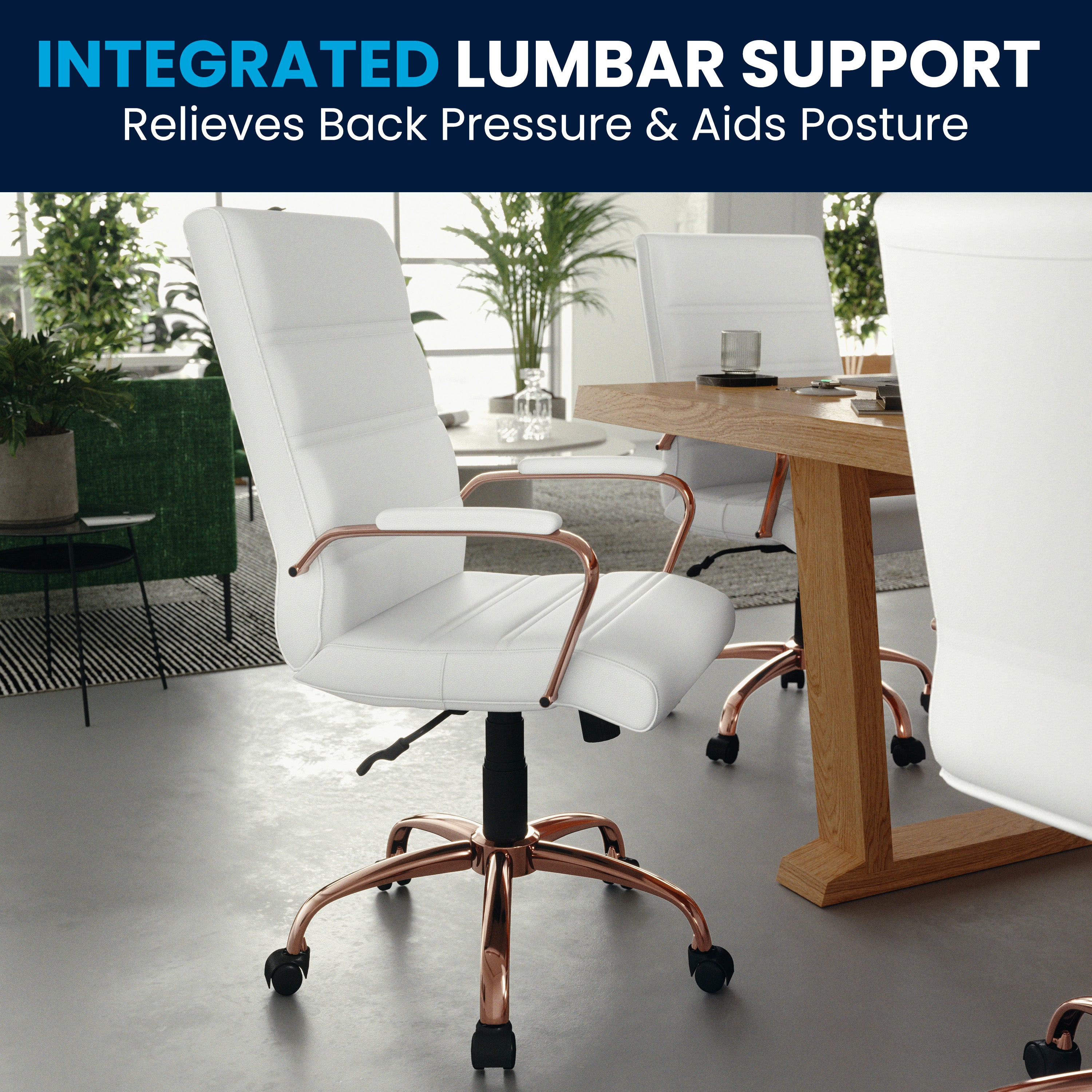 Whitney Mid-Back White LeatherSoft Executive Swivel Office Chair with Rose Gold Frame and Arms
