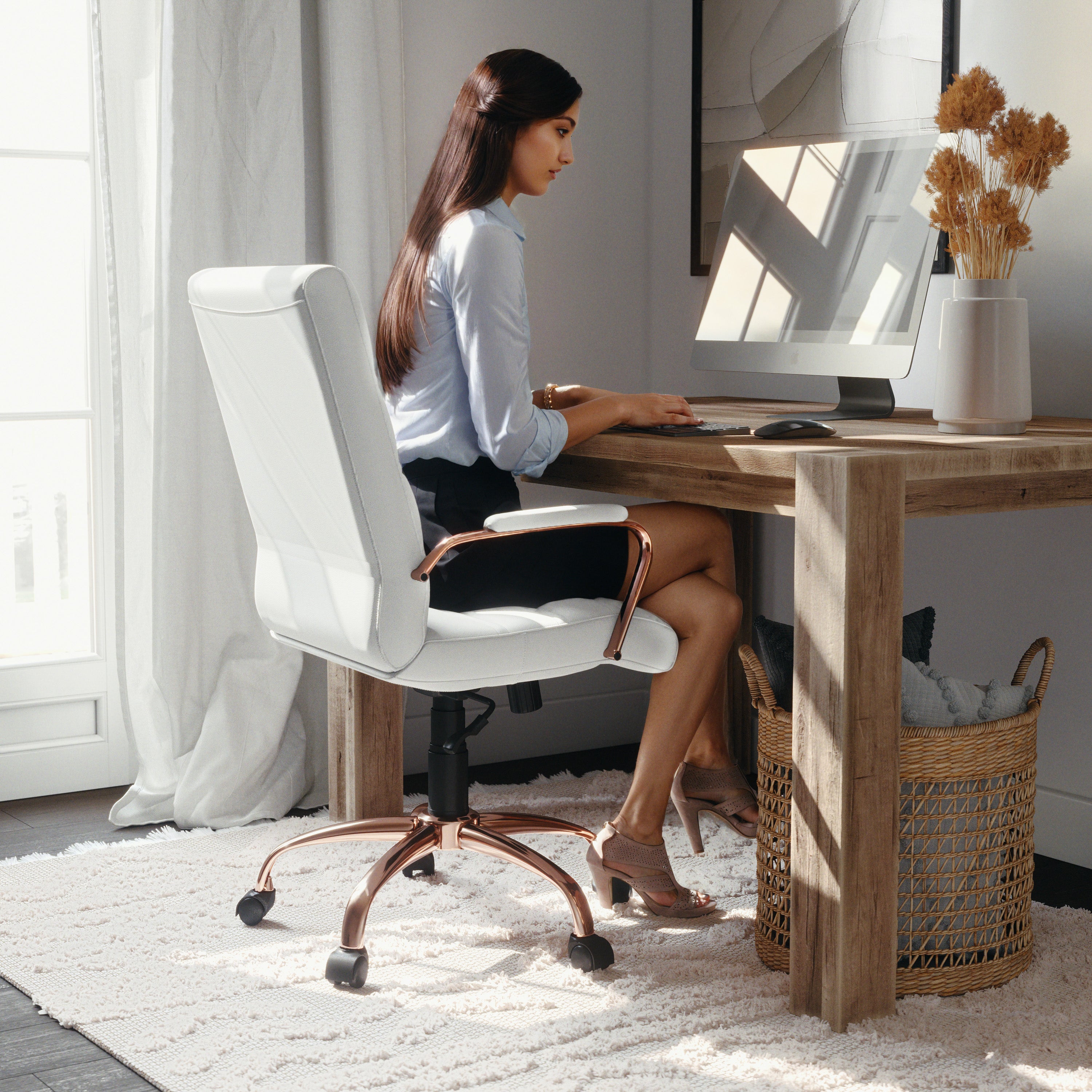 Whitney Mid-Back White LeatherSoft Executive Swivel Office Chair with Rose Gold Frame and Arms