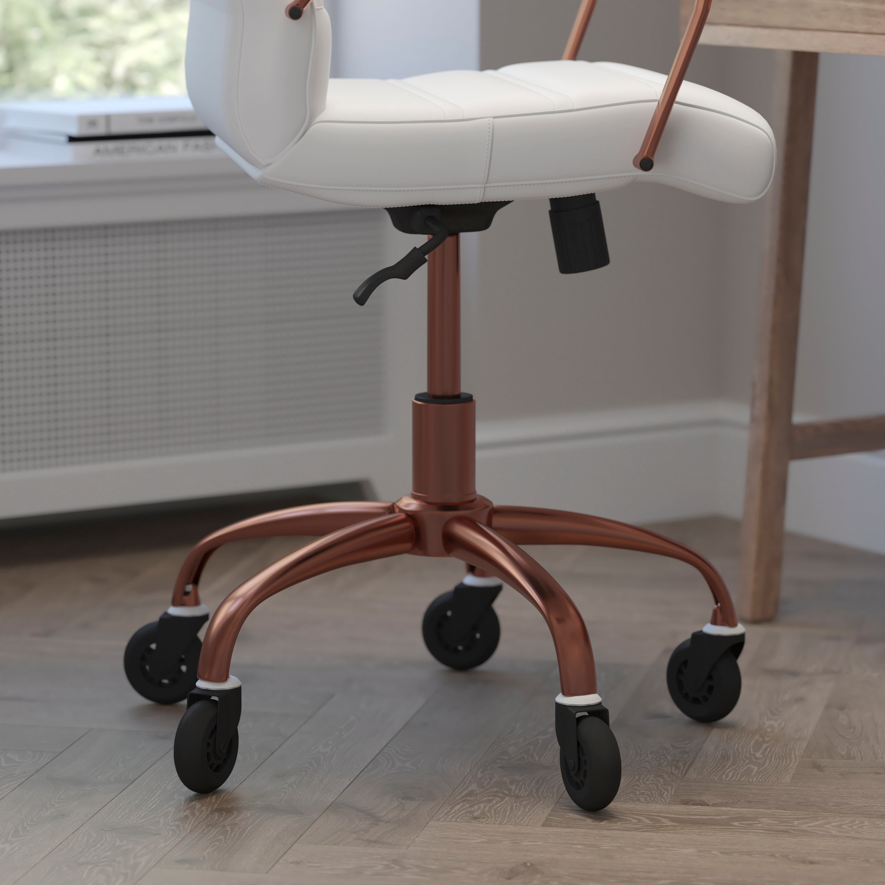 Camilia Mid-Back White LeatherSoft Executive Swivel Office Chair with Rose Gold Frame, Arms, and Transparent Roller Wheels