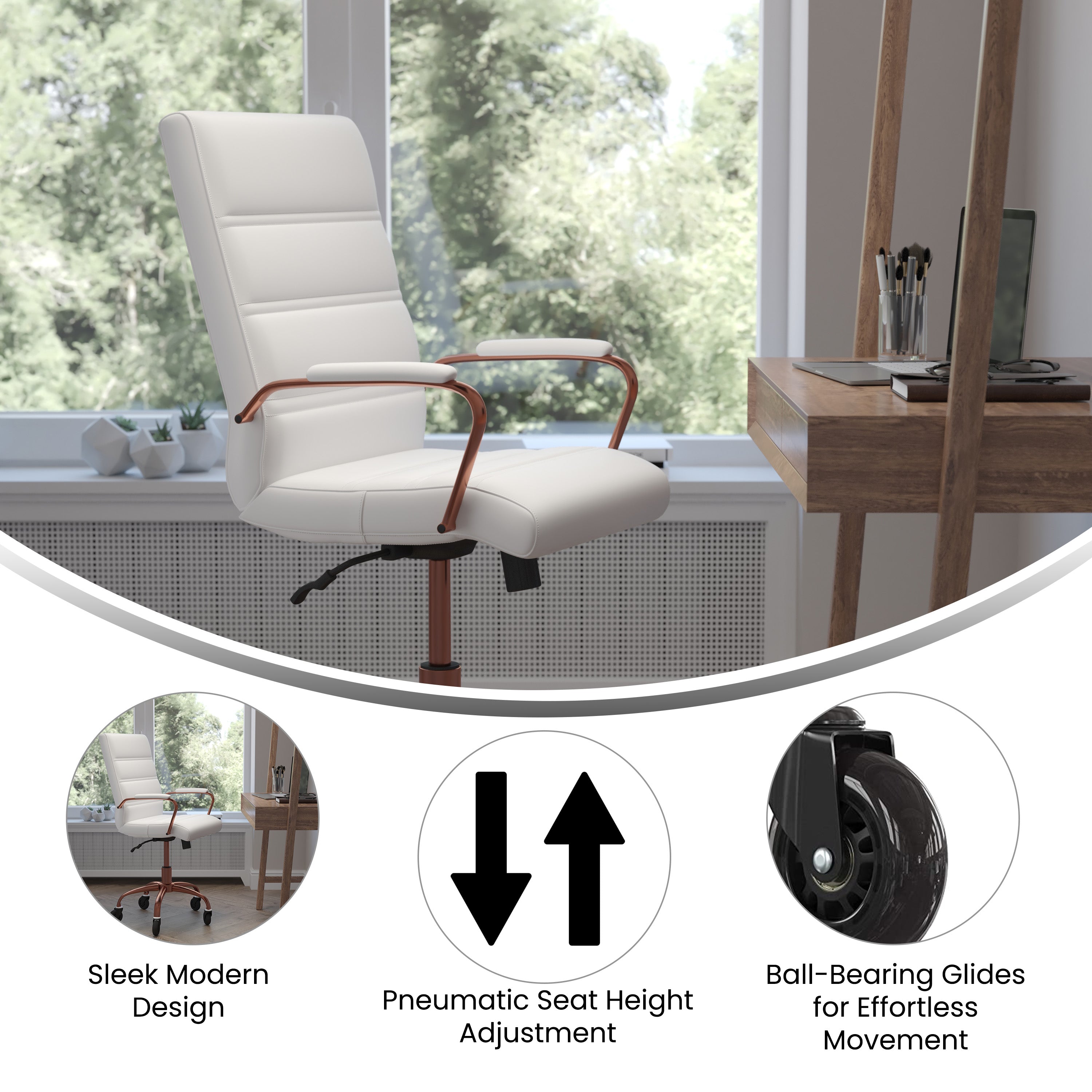 Camilia Mid-Back White LeatherSoft Executive Swivel Office Chair with Rose Gold Frame, Arms, and Transparent Roller Wheels