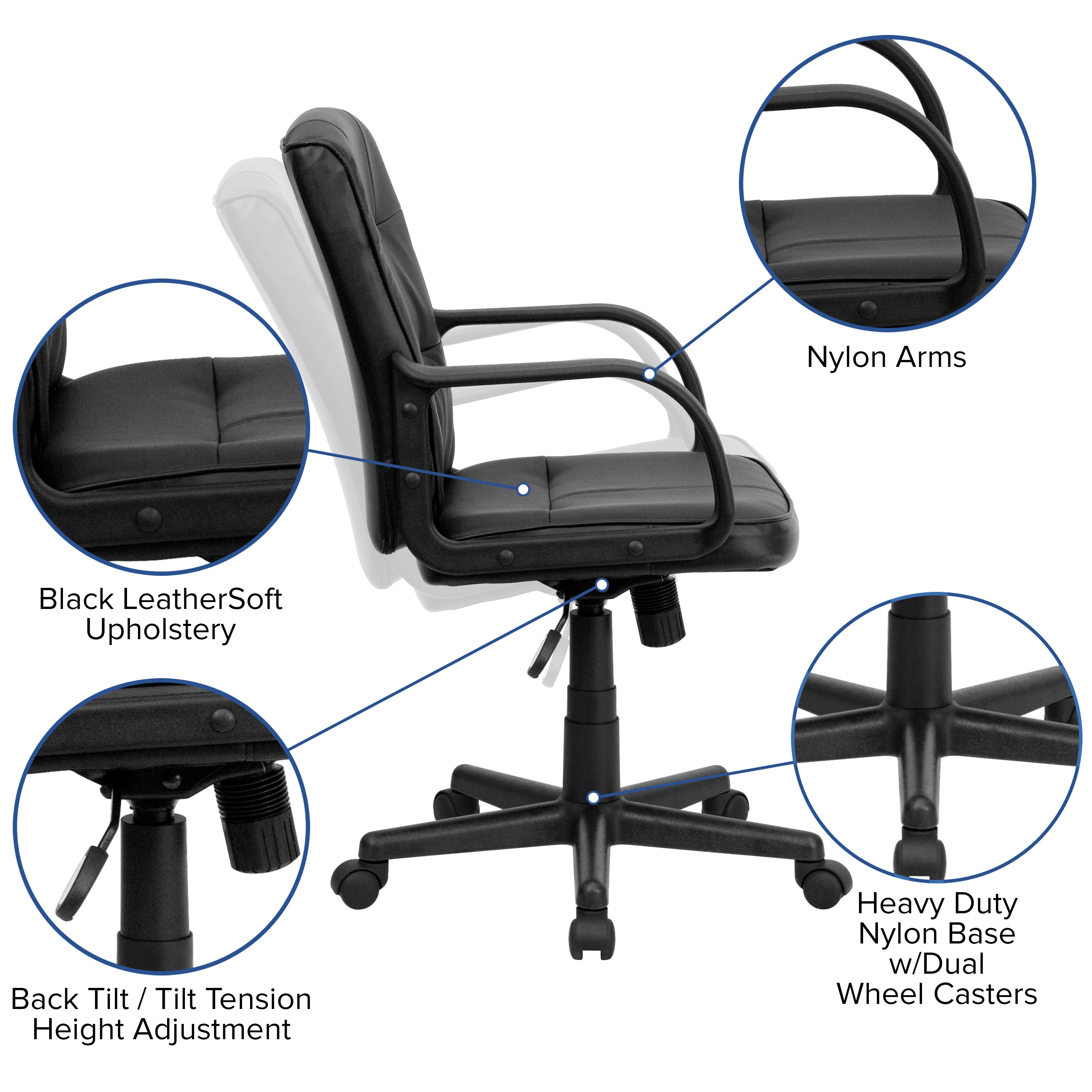 Rider Mid-Back Black LeatherSoft Swivel Task Office Chair with Arms