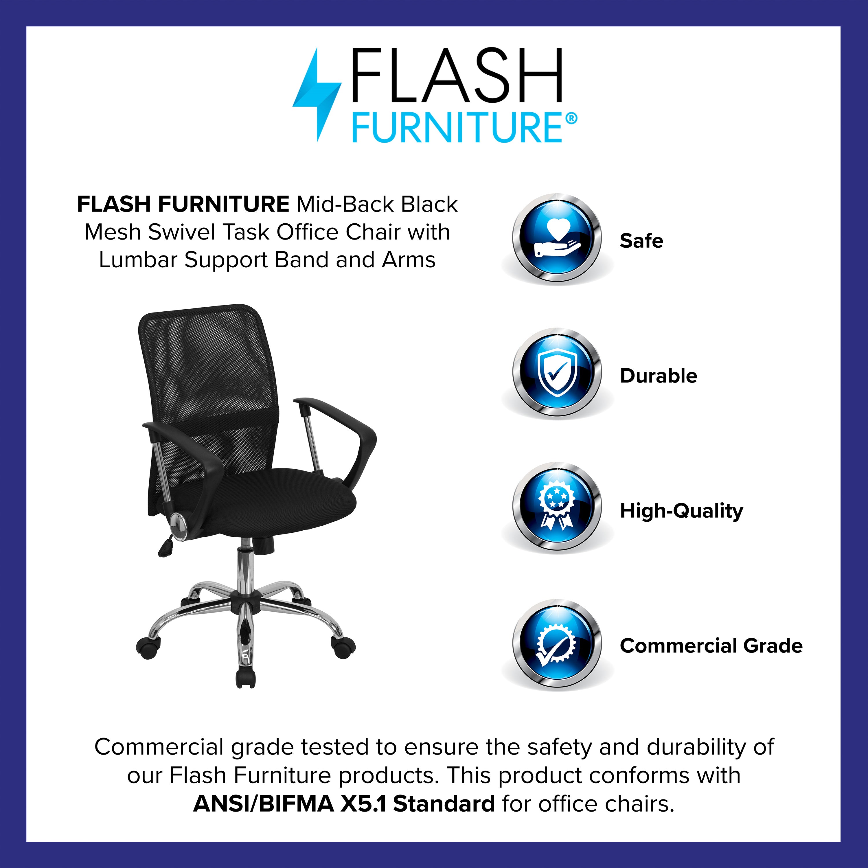 Jenkins Mid-Back Black Mesh Swivel Task Office Chair with Lumbar Support Band and Arms