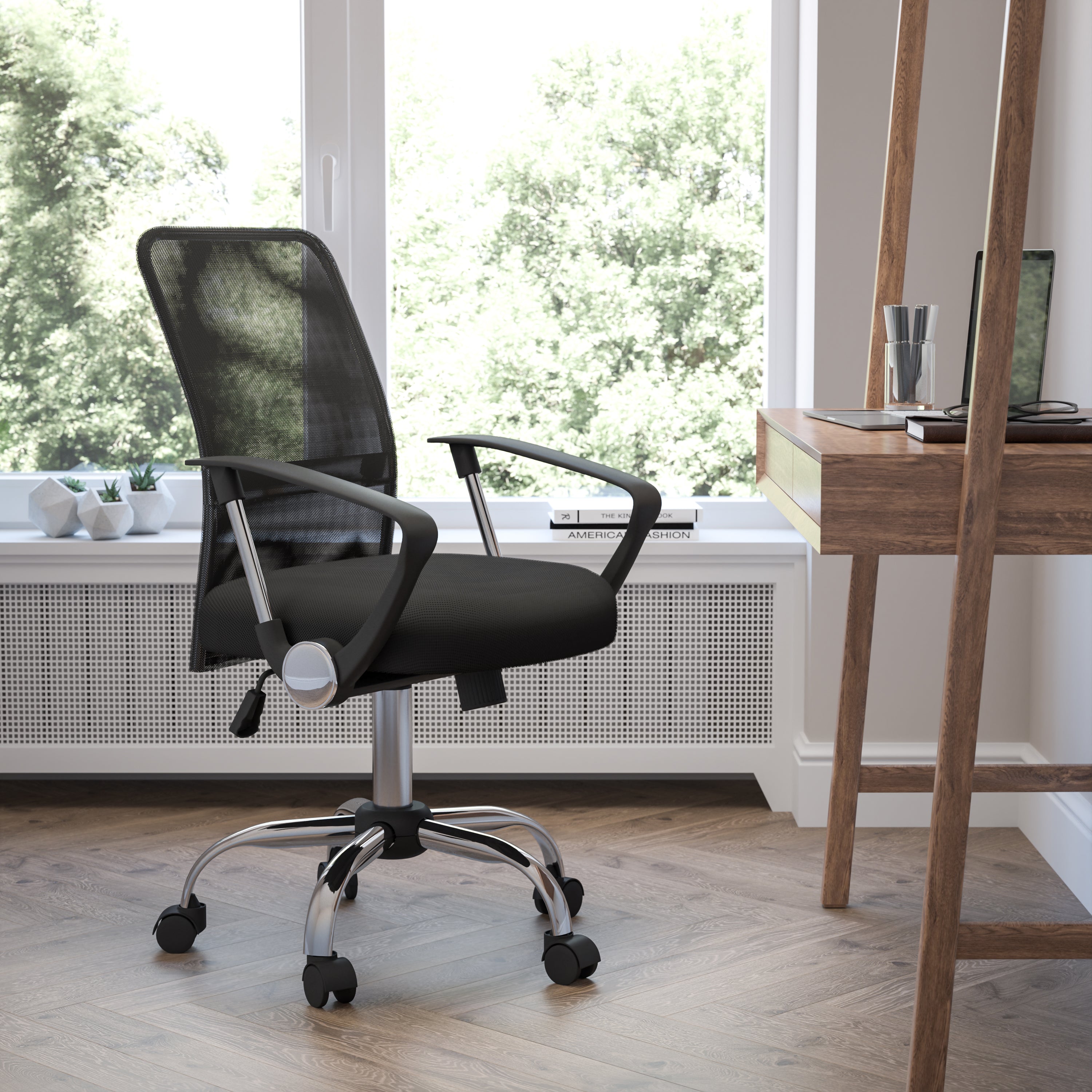 Jenkins Mid-Back Black Mesh Swivel Task Office Chair with Lumbar Support Band and Arms
