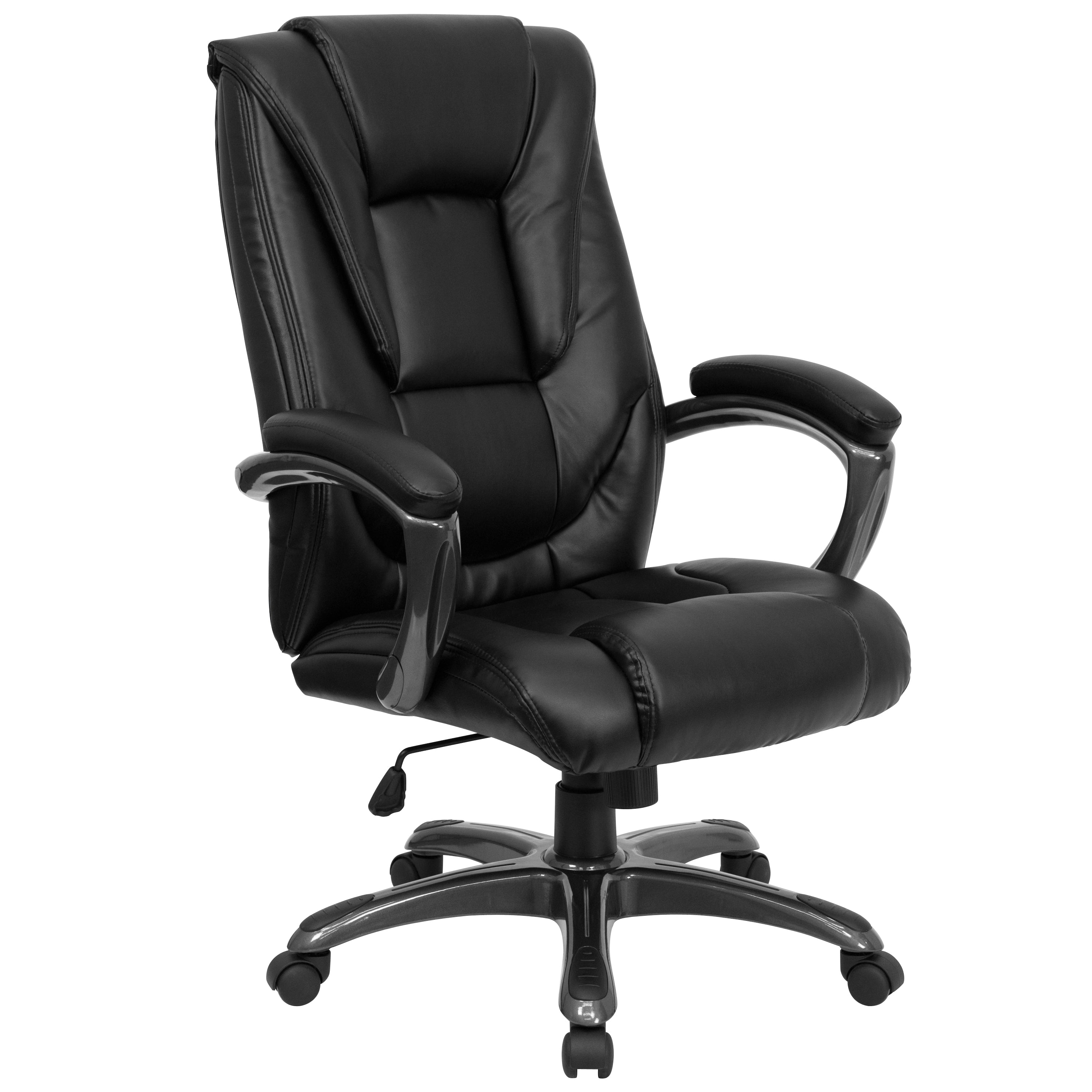 Oma High Back Black LeatherSoft Layered Upholstered Executive Swivel Ergonomic Office Chair with Smoke Metal Base and Arms