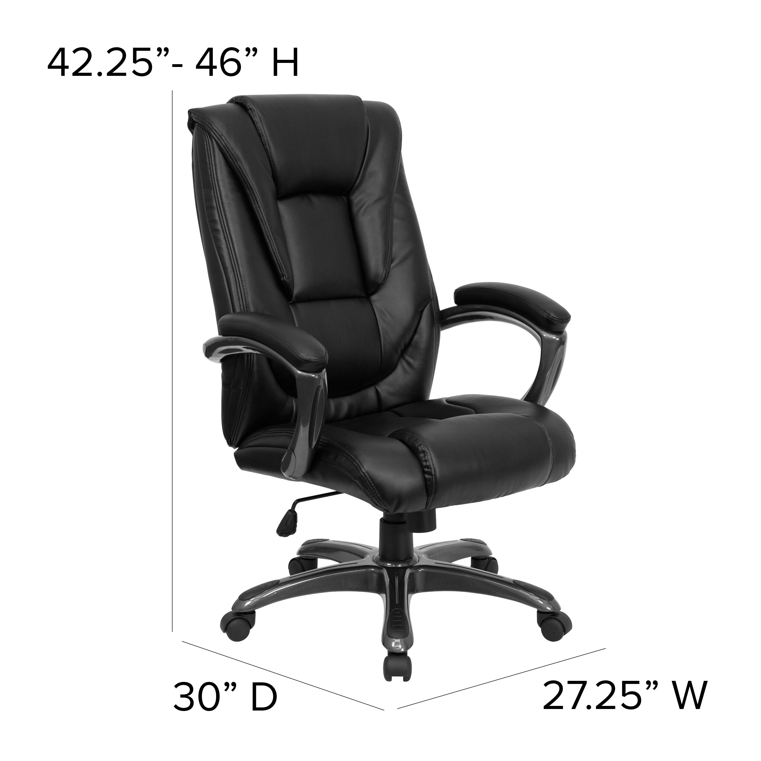 Oma High Back Black LeatherSoft Layered Upholstered Executive Swivel Ergonomic Office Chair with Smoke Metal Base and Arms