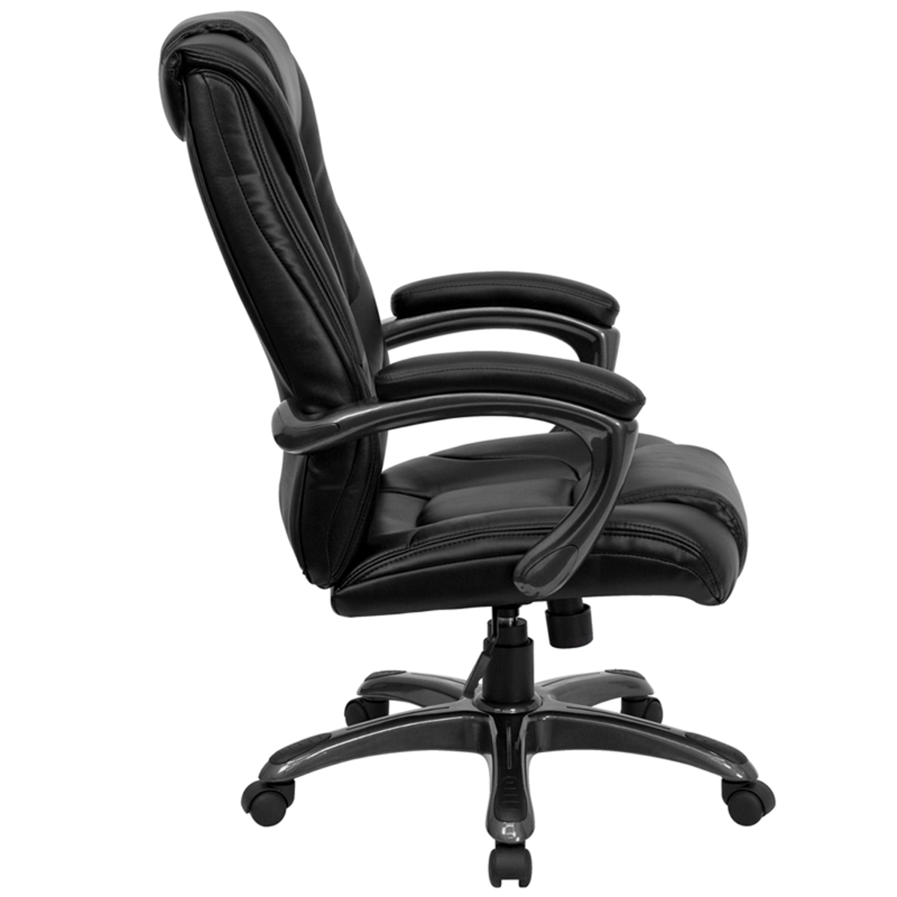 Oma High Back Black LeatherSoft Layered Upholstered Executive Swivel Ergonomic Office Chair with Smoke Metal Base and Arms