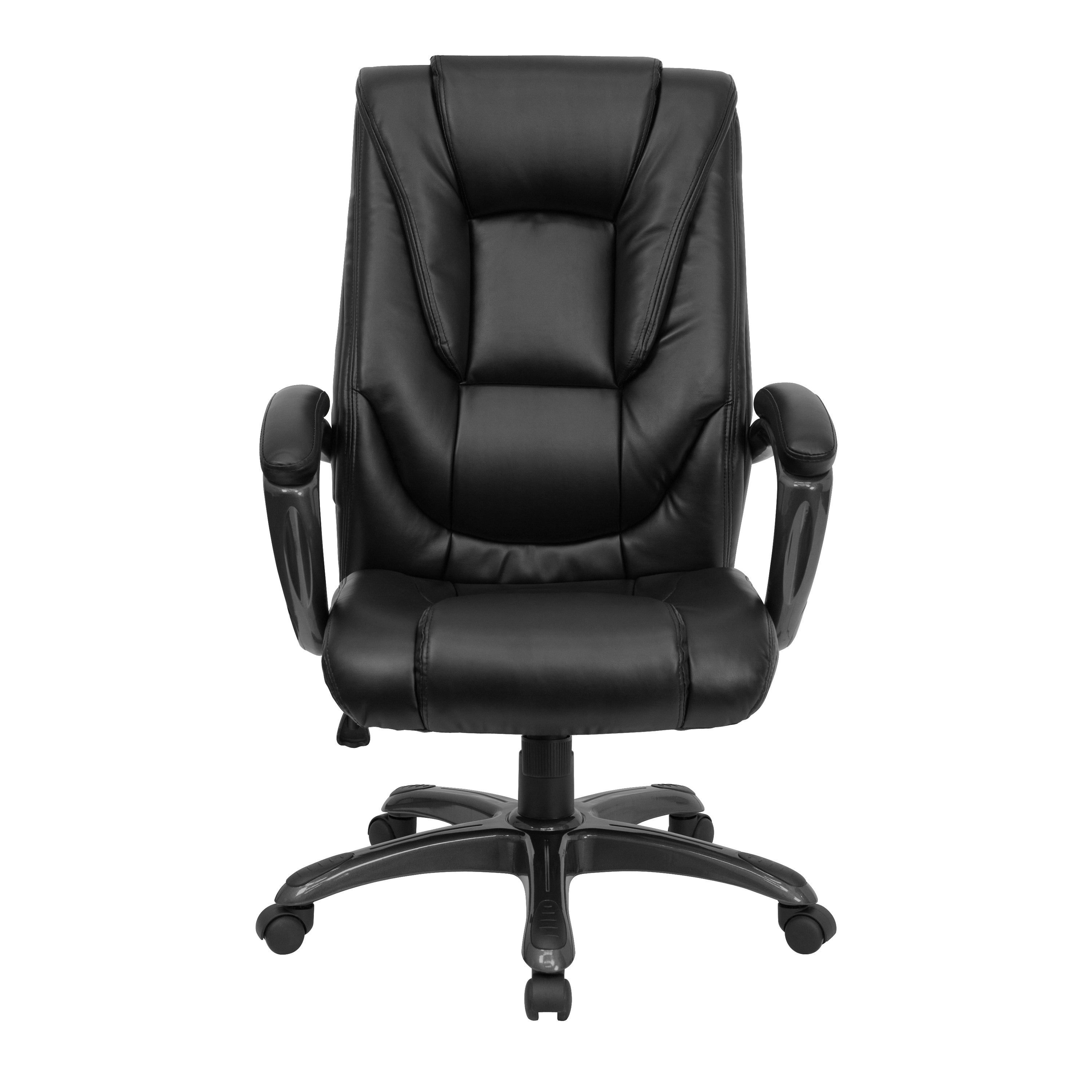 Oma High Back Black LeatherSoft Layered Upholstered Executive Swivel Ergonomic Office Chair with Smoke Metal Base and Arms
