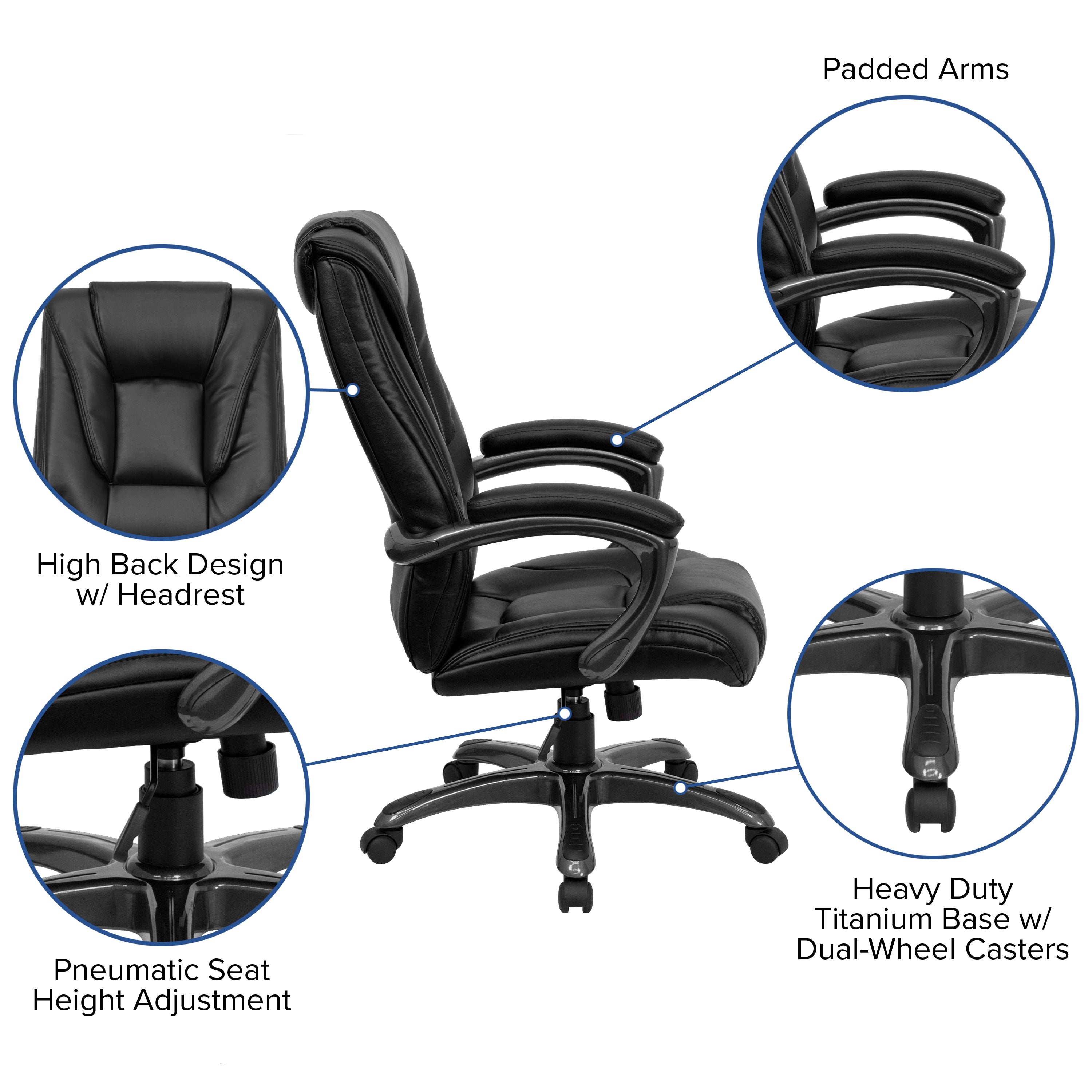 Oma High Back Black LeatherSoft Layered Upholstered Executive Swivel Ergonomic Office Chair with Smoke Metal Base and Arms
