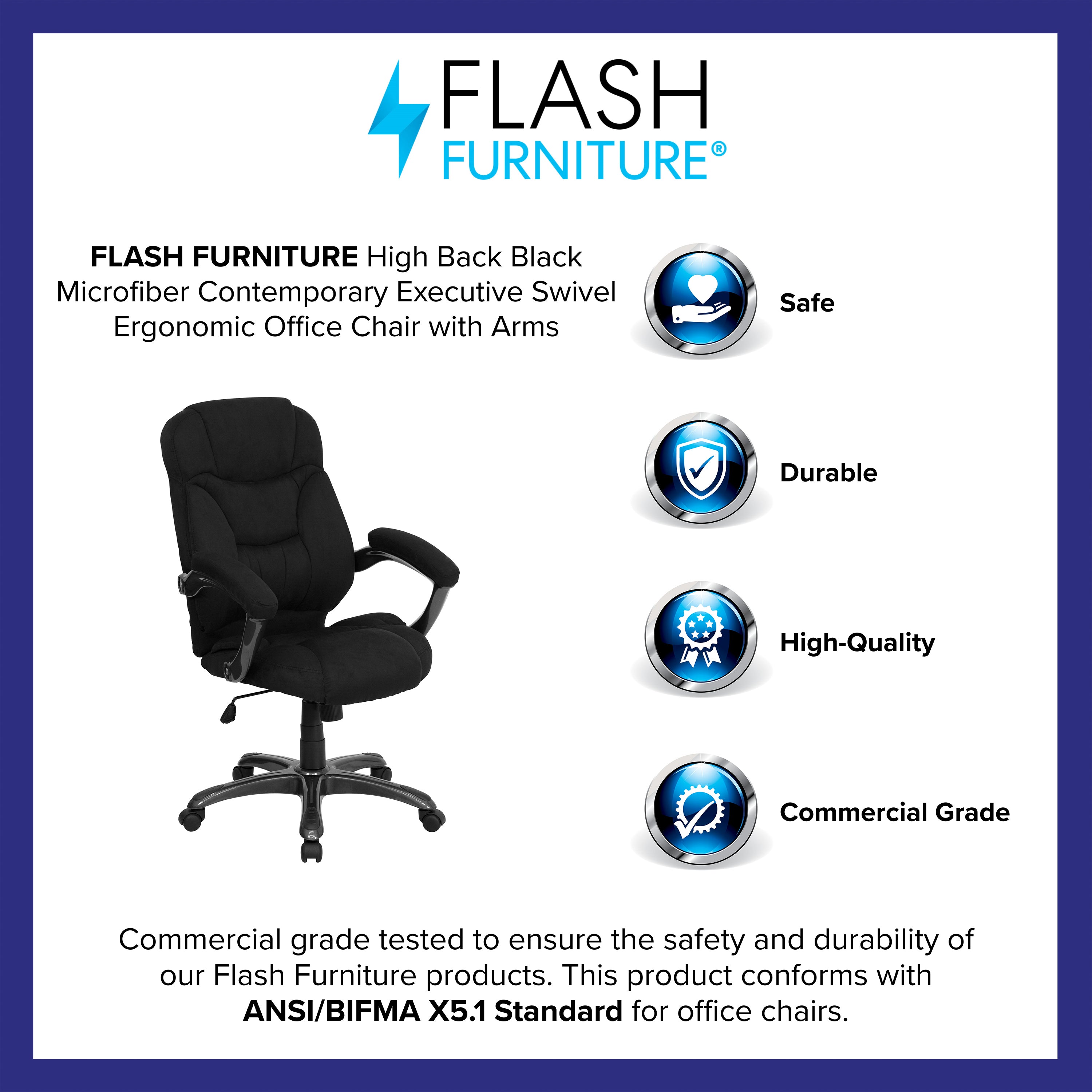 Jessie High Back Black Microfiber Contemporary Executive Swivel Ergonomic Office Chair with Arms