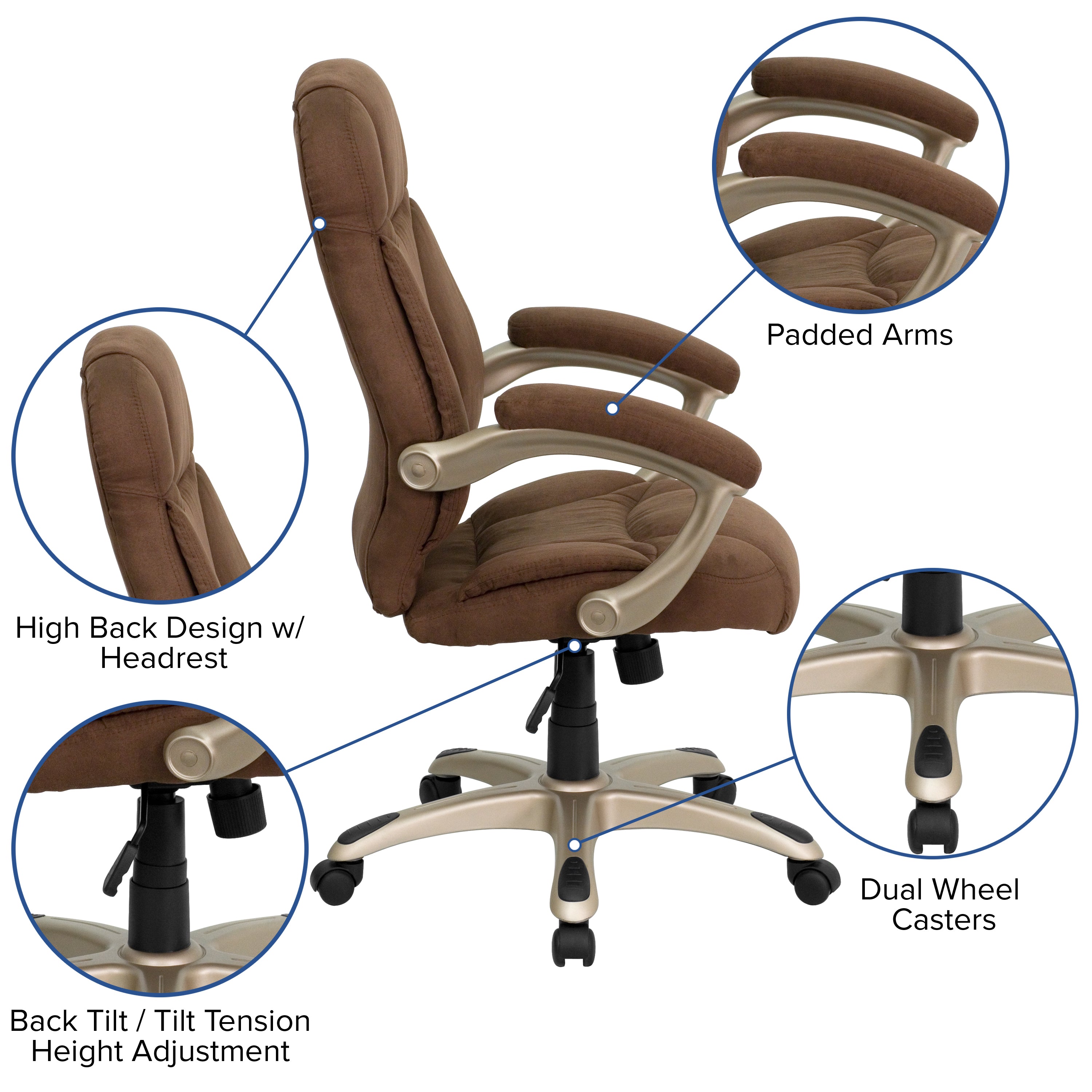 Jessie High Back Brown Microfiber Contemporary Executive Swivel Ergonomic Office Chair with Arms