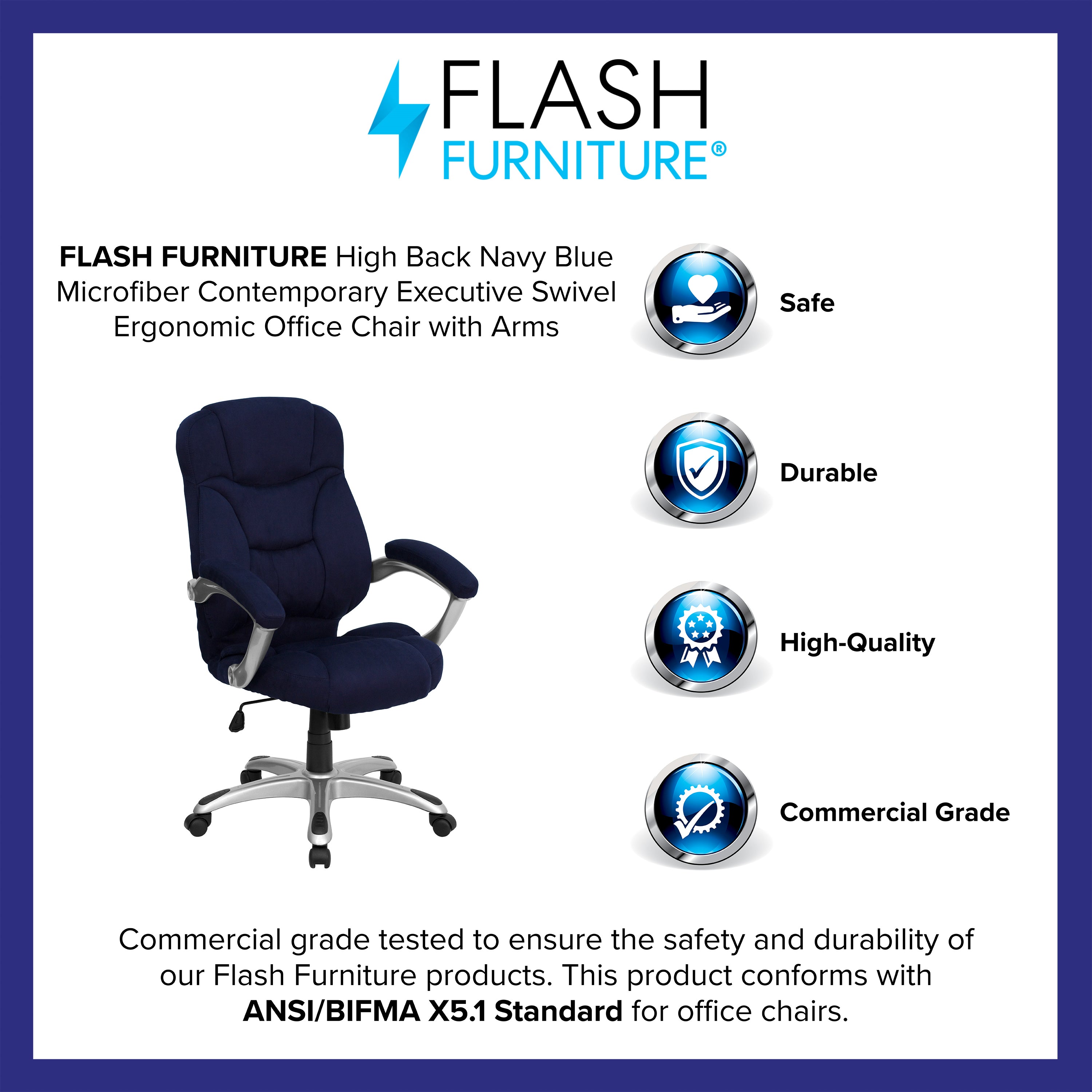 Jessie High Back Navy Blue Microfiber Contemporary Executive Swivel Ergonomic Office Chair with Arms