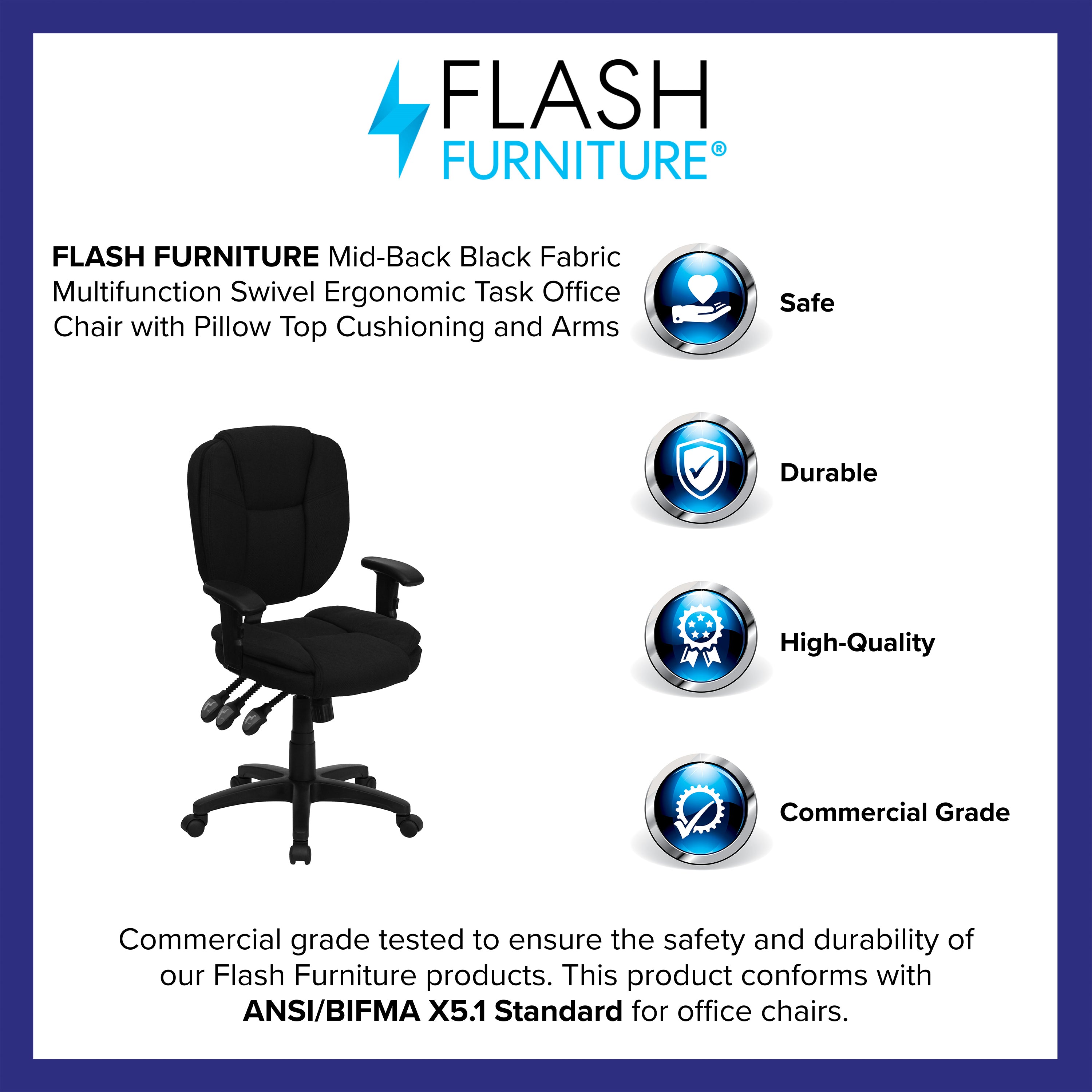 Caroline Mid-Back Black Fabric Multifunction Swivel Ergonomic Task Office Chair with Pillow Top Cushioning and Arms
