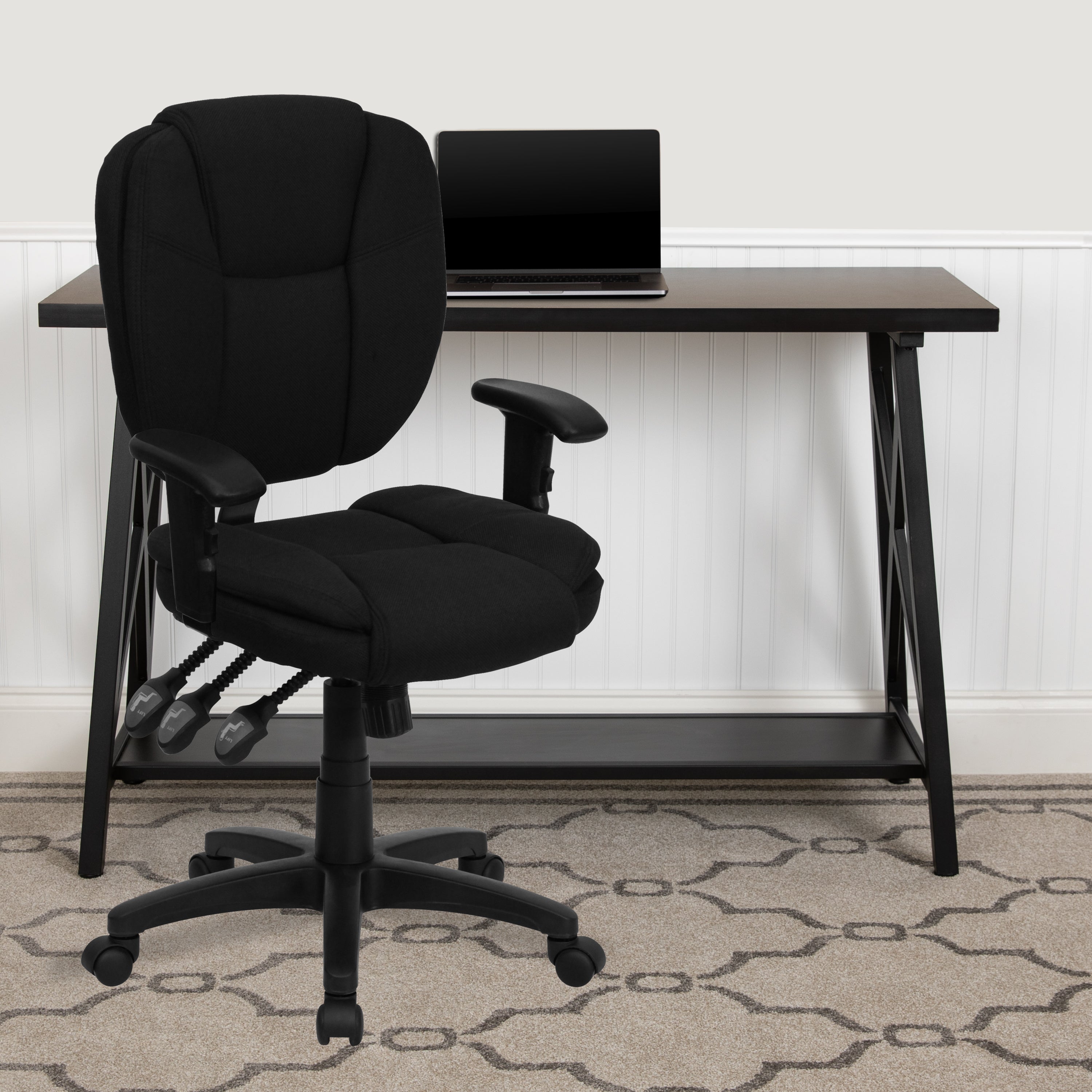 Caroline Mid-Back Black Fabric Multifunction Swivel Ergonomic Task Office Chair with Pillow Top Cushioning and Arms