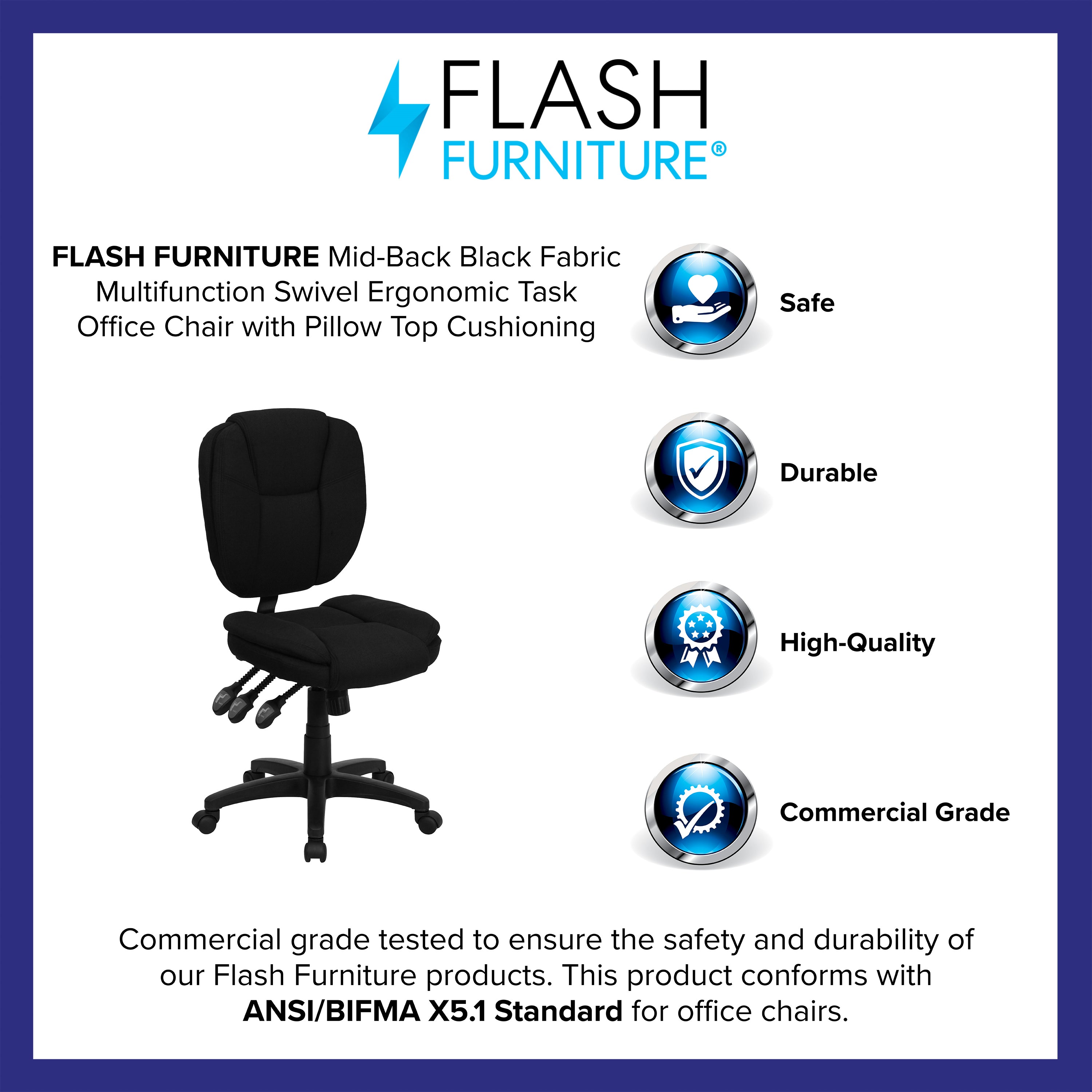Caroline Mid-Back Black Fabric Multifunction Swivel Ergonomic Task Office Chair with Pillow Top Cushioning