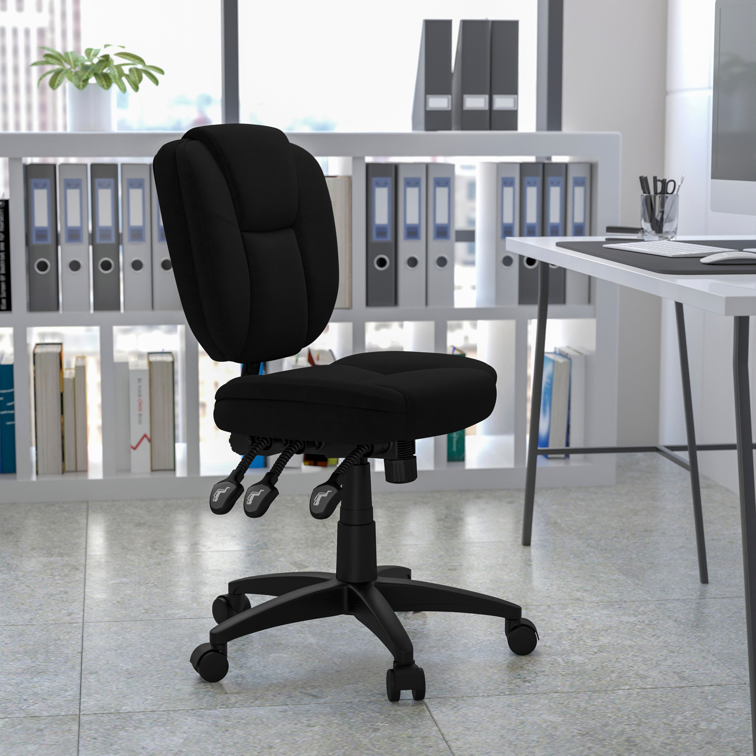 Caroline Mid-Back Black Fabric Multifunction Swivel Ergonomic Task Office Chair with Pillow Top Cushioning