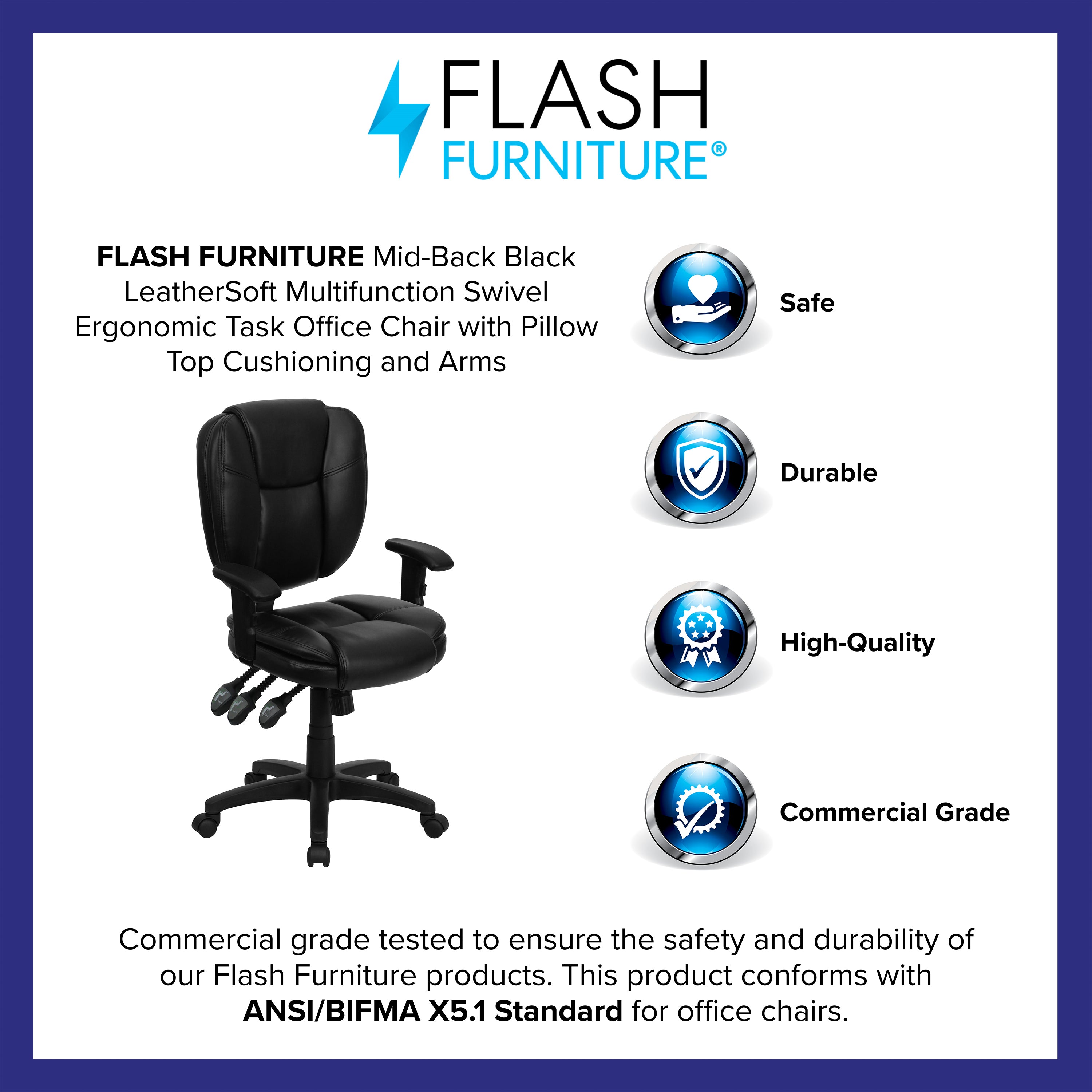 Caroline Mid-Back Black LeatherSoft Multifunction Swivel Ergonomic Task Office Chair with Pillow Top Cushioning and Arms