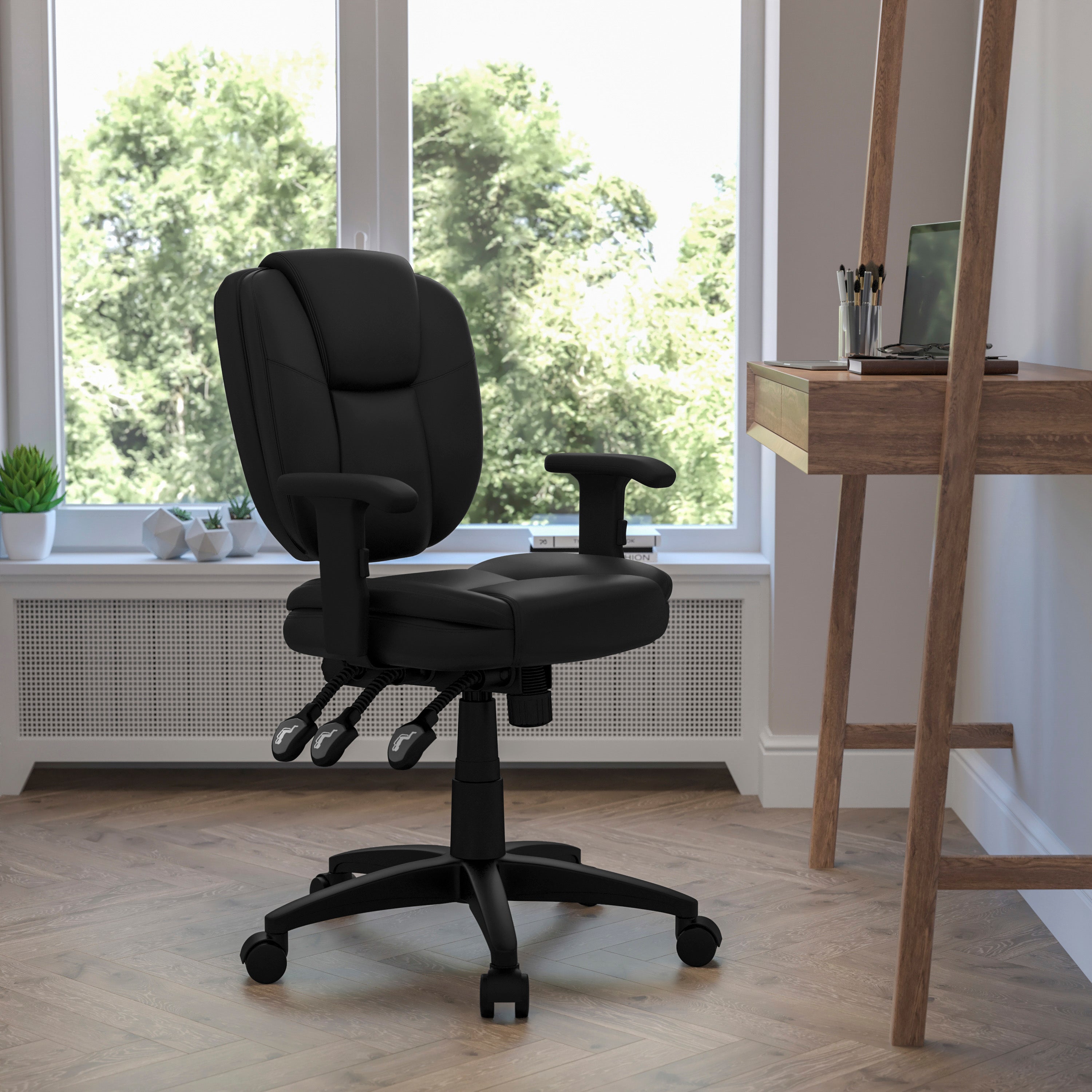 Caroline Mid-Back Black LeatherSoft Multifunction Swivel Ergonomic Task Office Chair with Pillow Top Cushioning and Arms