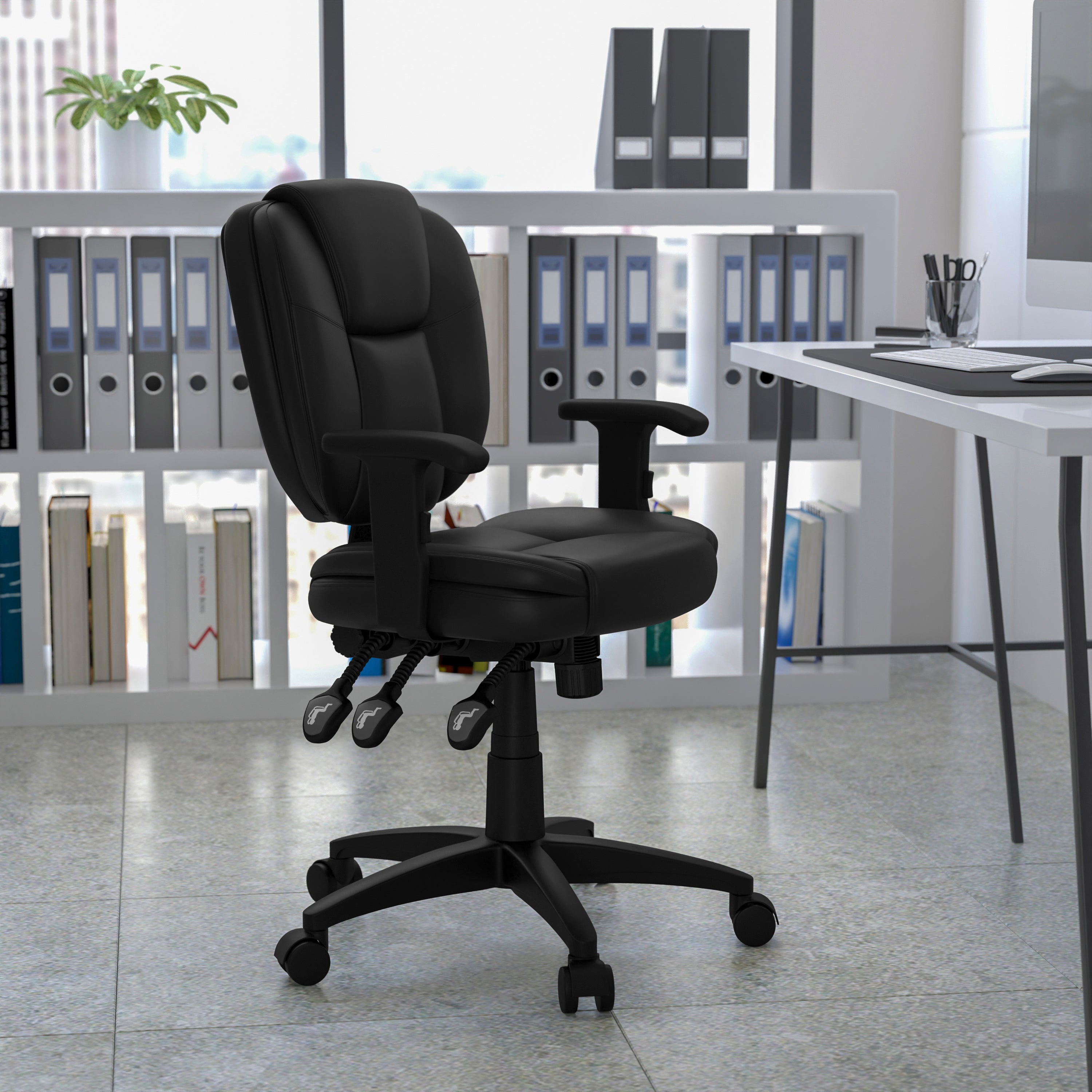 Caroline Mid-Back Black LeatherSoft Multifunction Swivel Ergonomic Task Office Chair with Pillow Top Cushioning and Arms