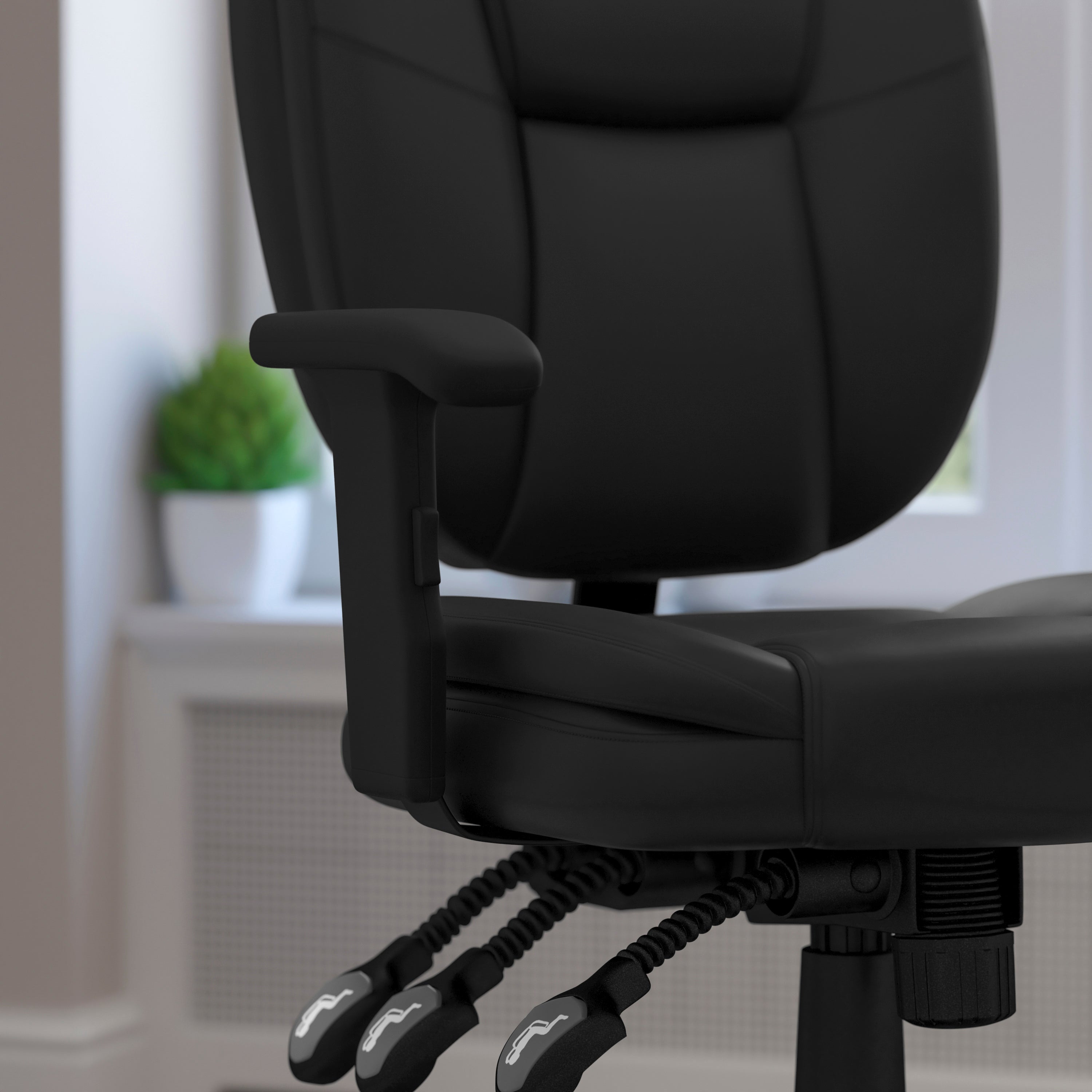 Caroline Mid-Back Black LeatherSoft Multifunction Swivel Ergonomic Task Office Chair with Pillow Top Cushioning and Arms