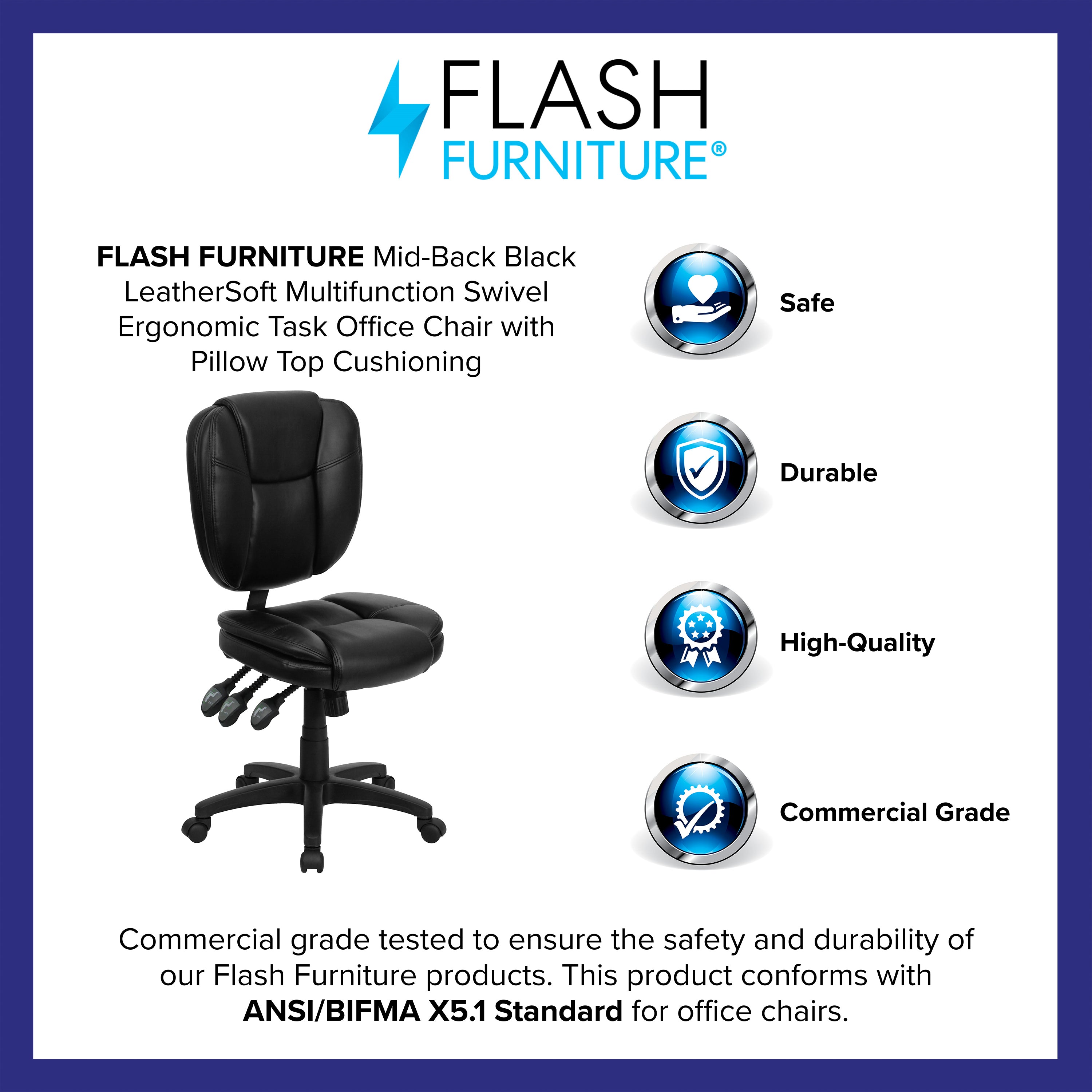 Caroline Mid-Back Black LeatherSoft Multifunction Swivel Ergonomic Task Office Chair with Pillow Top Cushioning