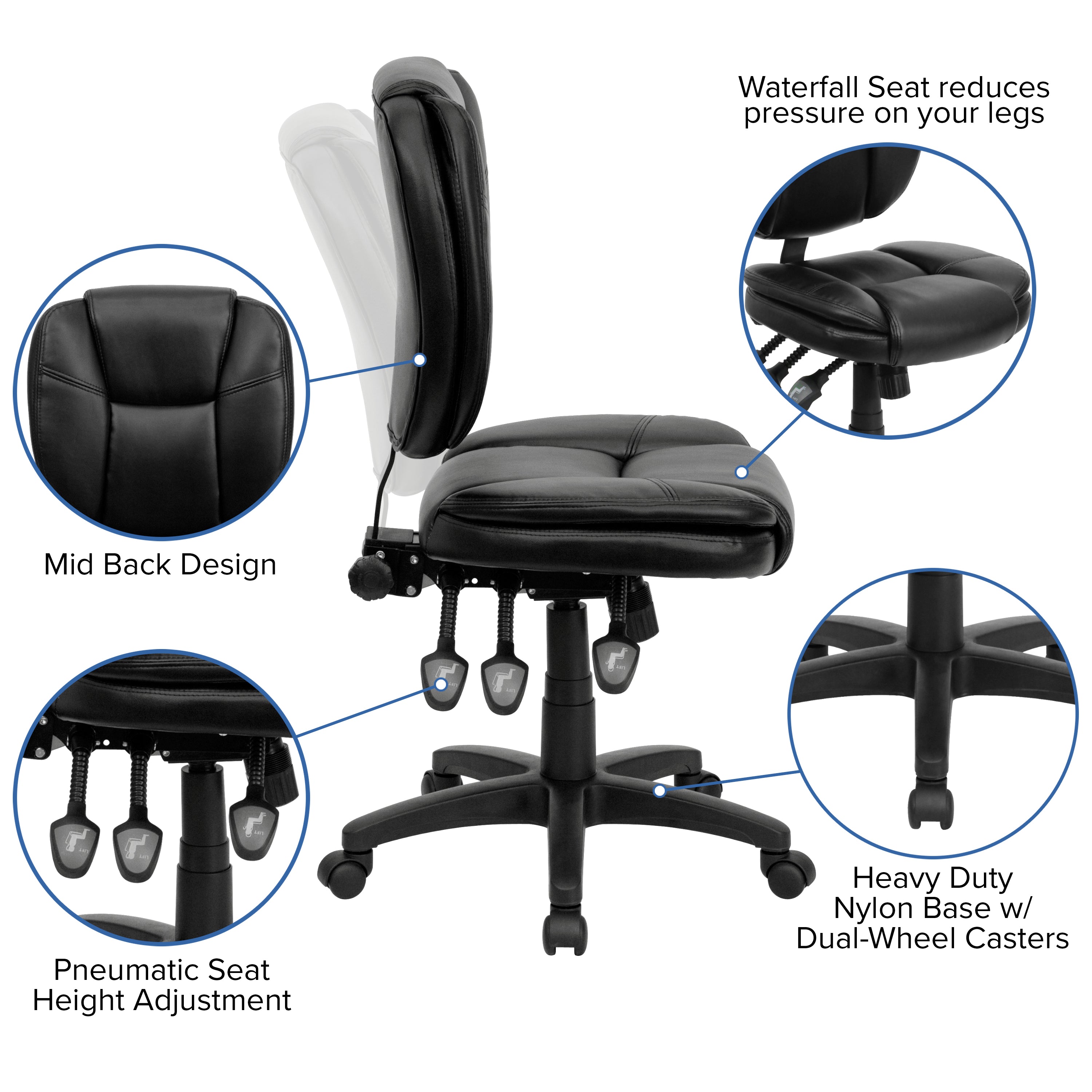 Caroline Mid-Back Black LeatherSoft Multifunction Swivel Ergonomic Task Office Chair with Pillow Top Cushioning