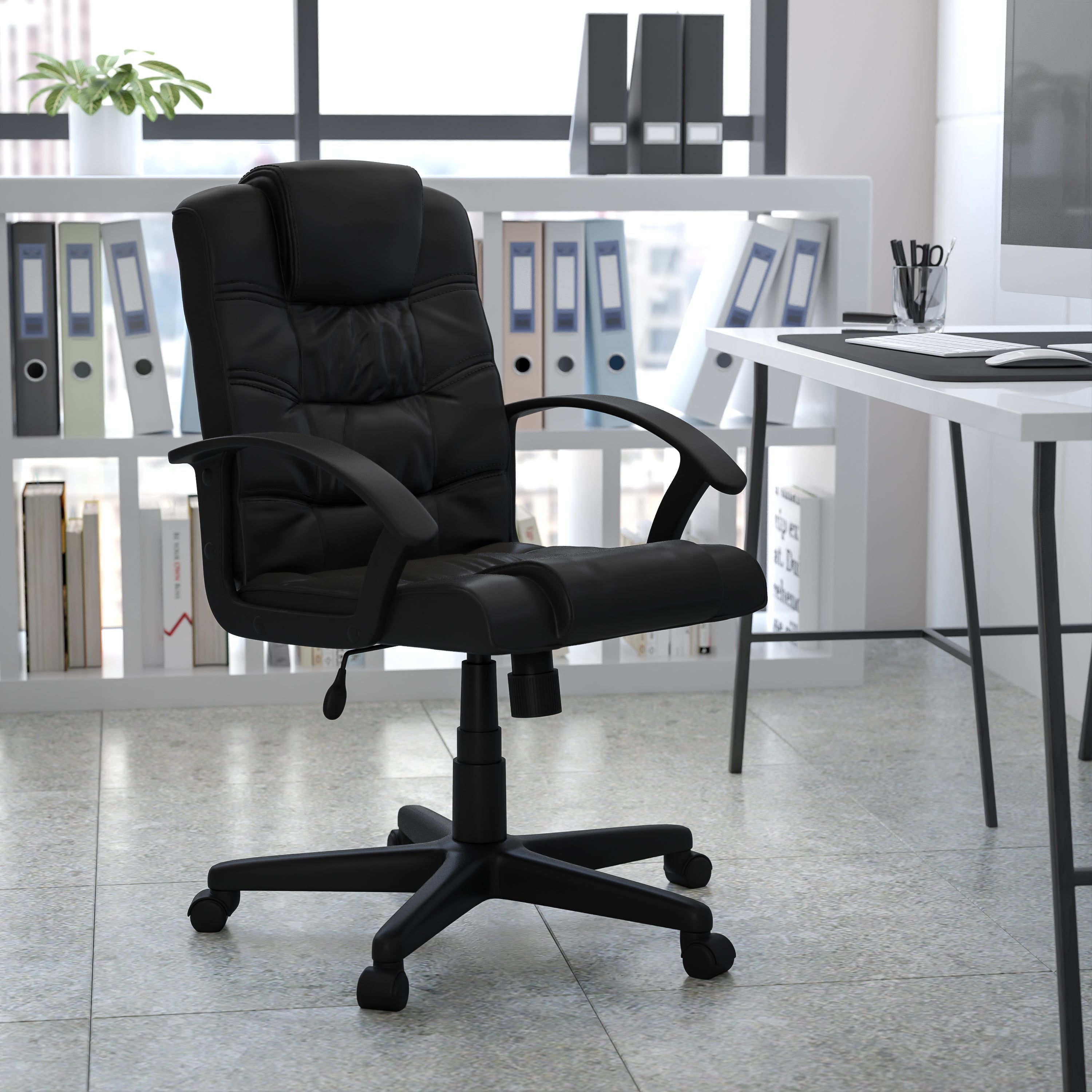 Lindon Mid-Back Black LeatherSoft Swivel Task Office Chair with Arms