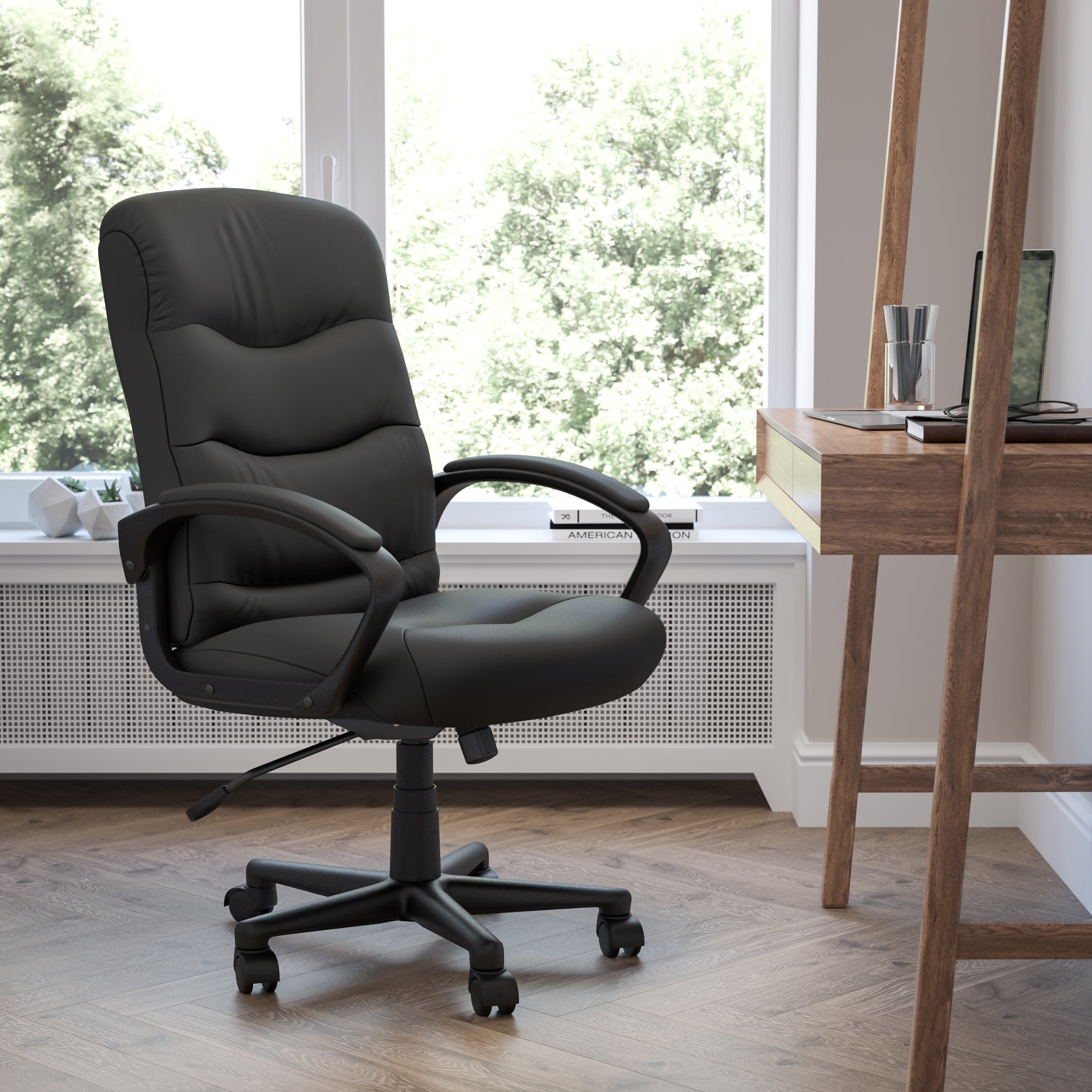 Chelsea Mid-Back Black LeatherSoft Executive Swivel Office Chair with Three Line Horizontal Stitch Back and Arms