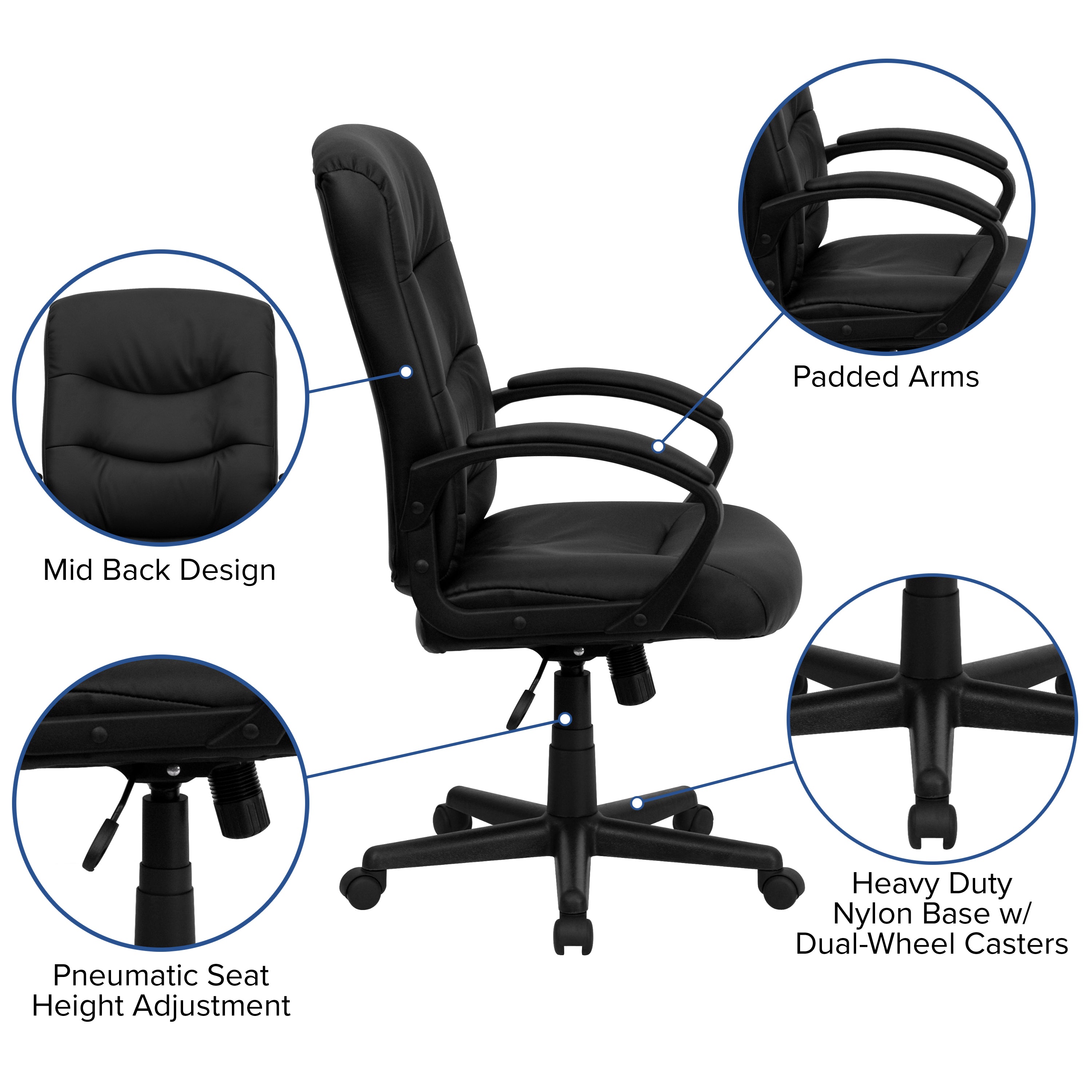 Chelsea Mid-Back Black LeatherSoft Executive Swivel Office Chair with Three Line Horizontal Stitch Back and Arms