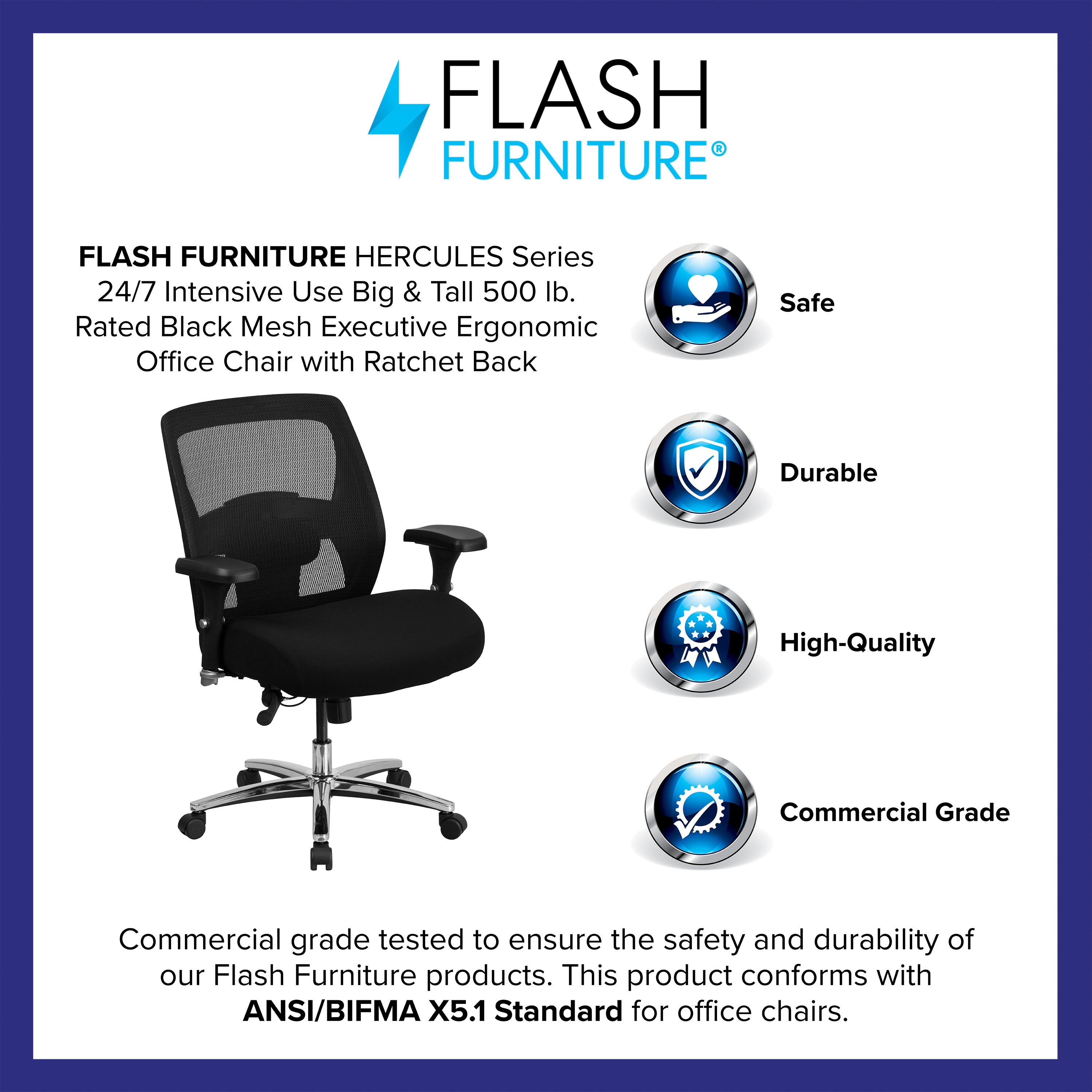 HERCULES Series 24/7 Intensive Use Big & Tall 500 lb. Rated Black Mesh Executive Ergonomic Office Chair with Ratchet Back