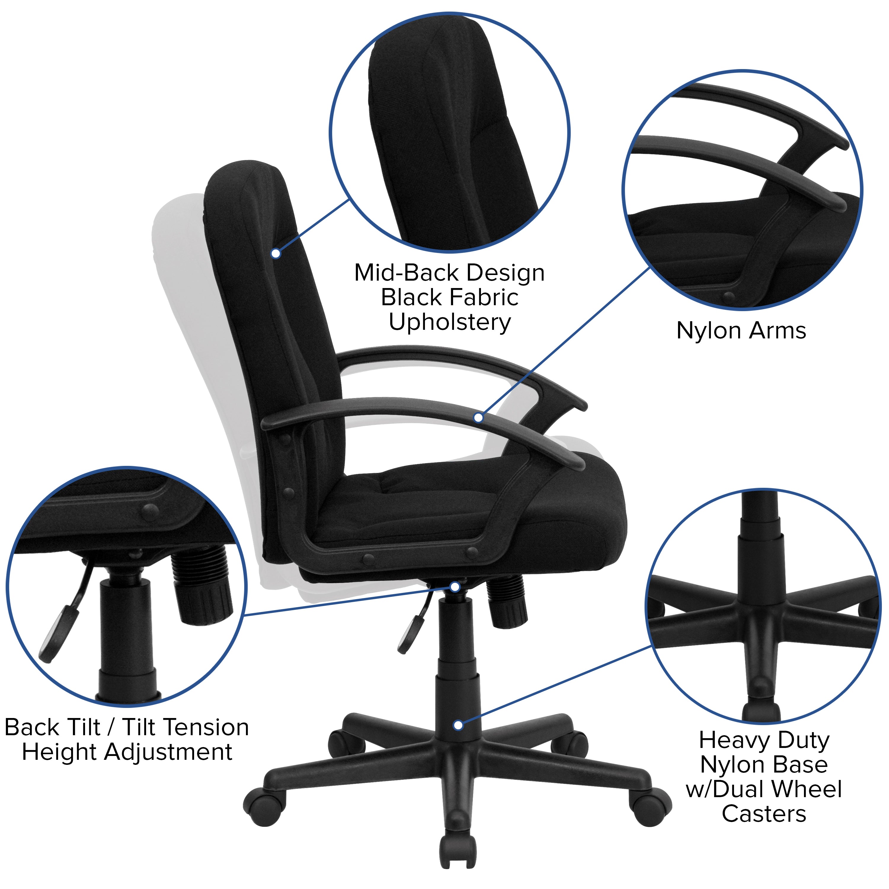 Garver Mid-Back Black Fabric Executive Swivel Office Chair with Nylon Arms