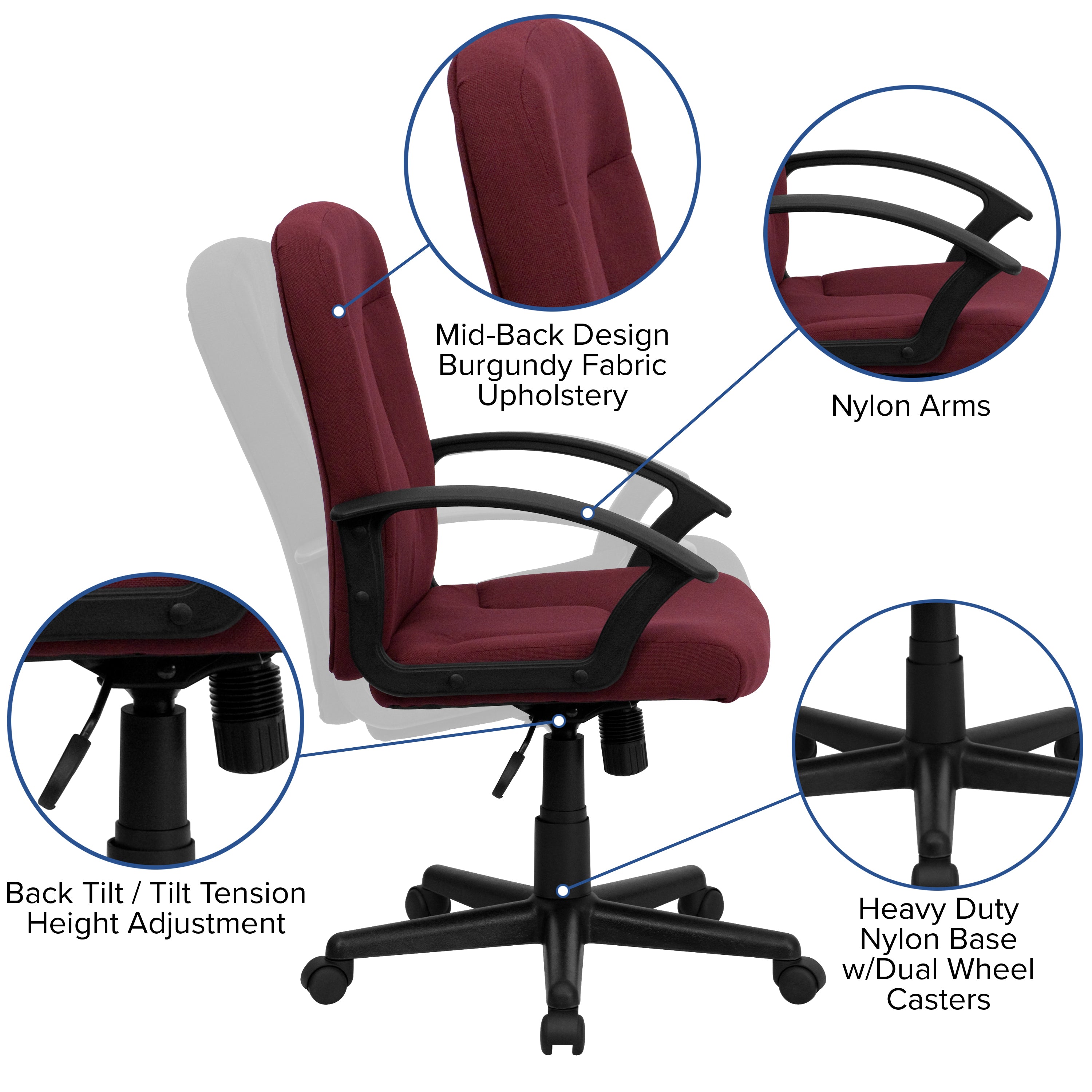 Garver Mid-Back Burgundy Fabric Executive Swivel Office Chair with Nylon Arms