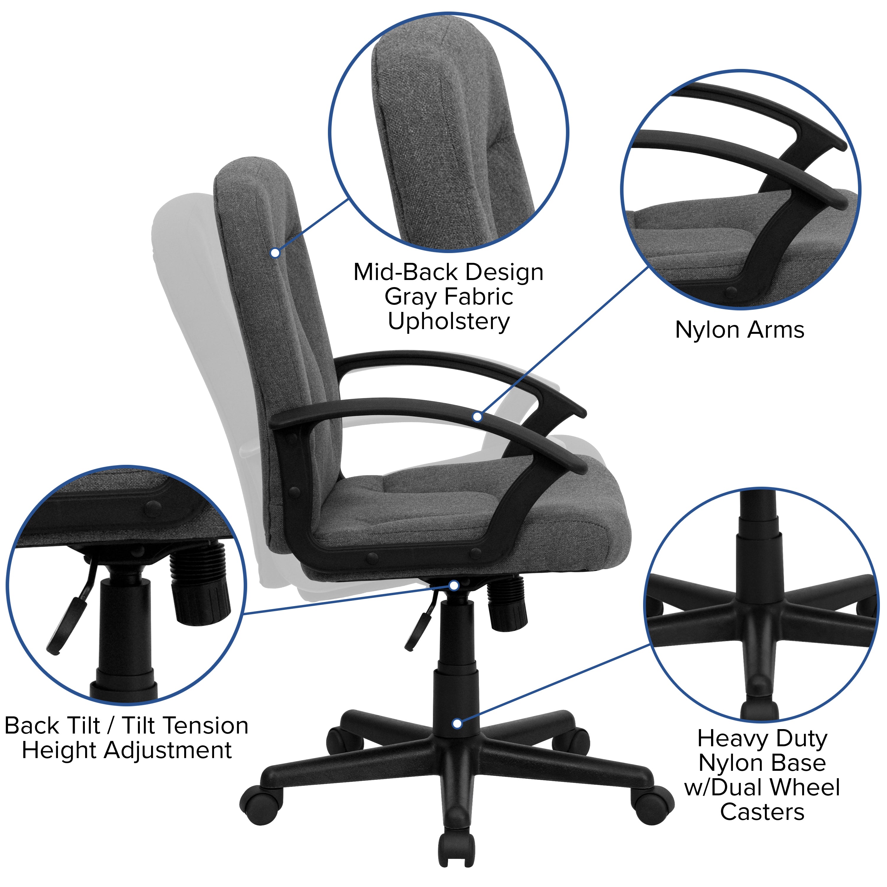 Garver Mid-Back Gray Fabric Executive Swivel Office Chair with Nylon Arms
