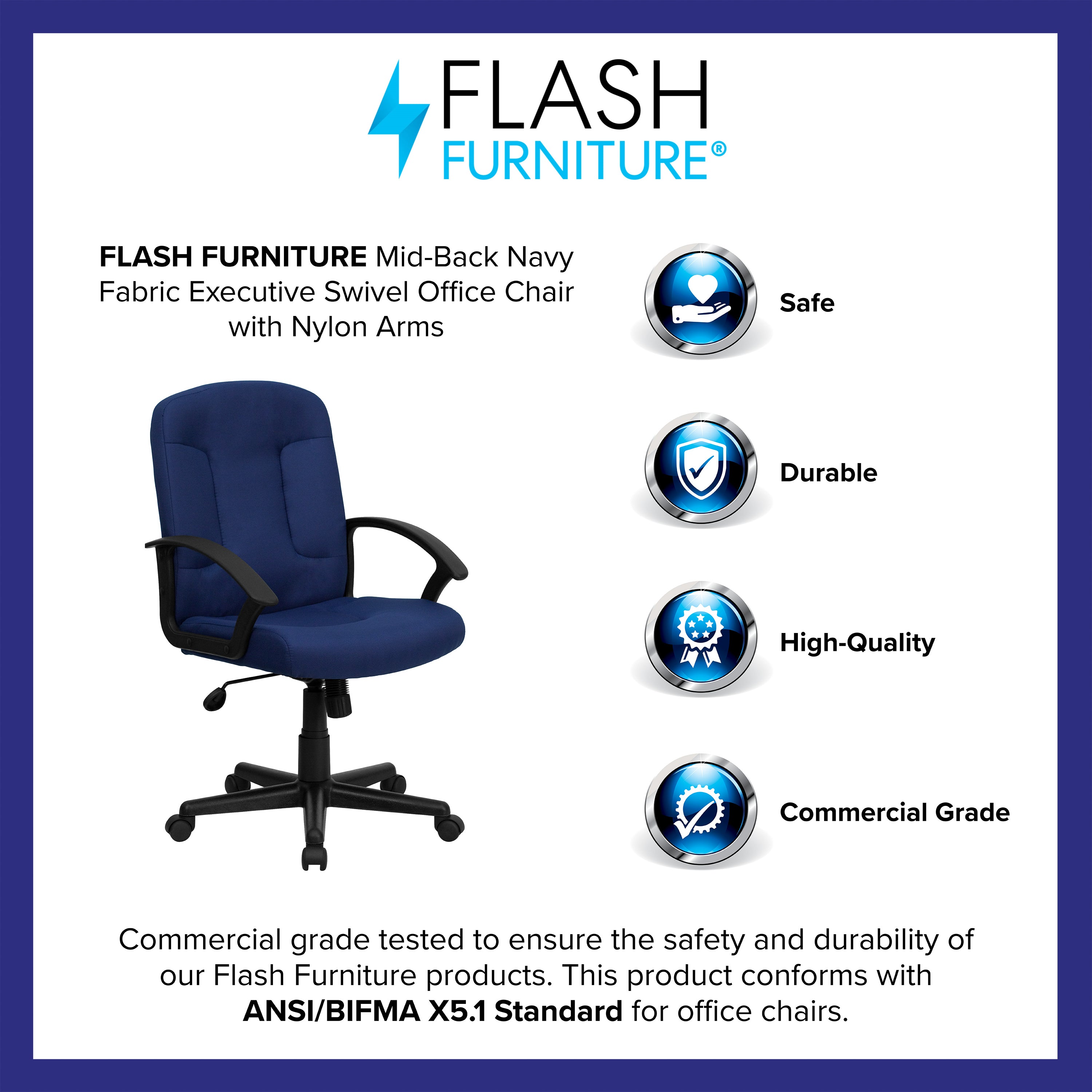 Garver Mid-Back Navy Fabric Executive Swivel Office Chair with Nylon Arms