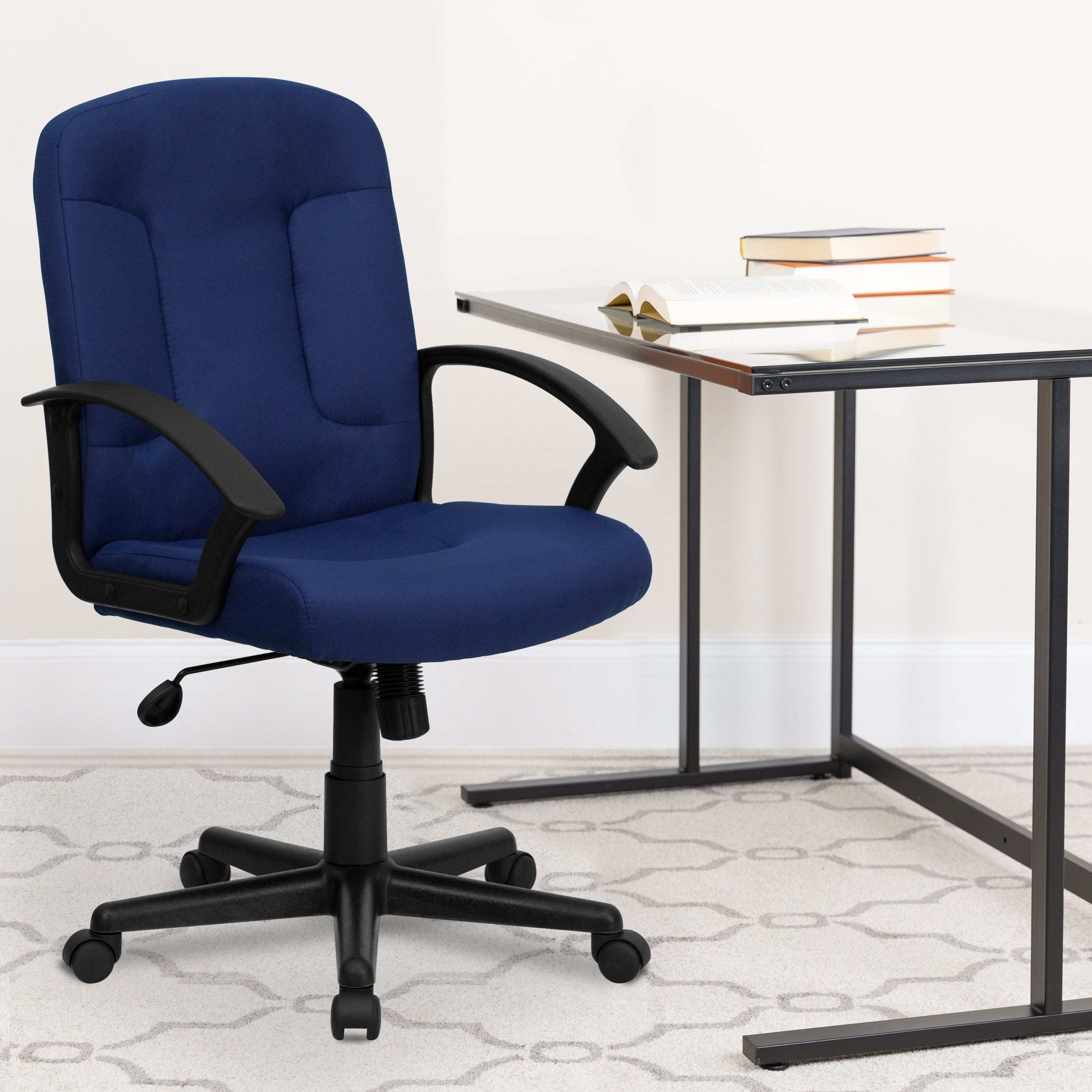 Garver Mid-Back Navy Fabric Executive Swivel Office Chair with Nylon Arms