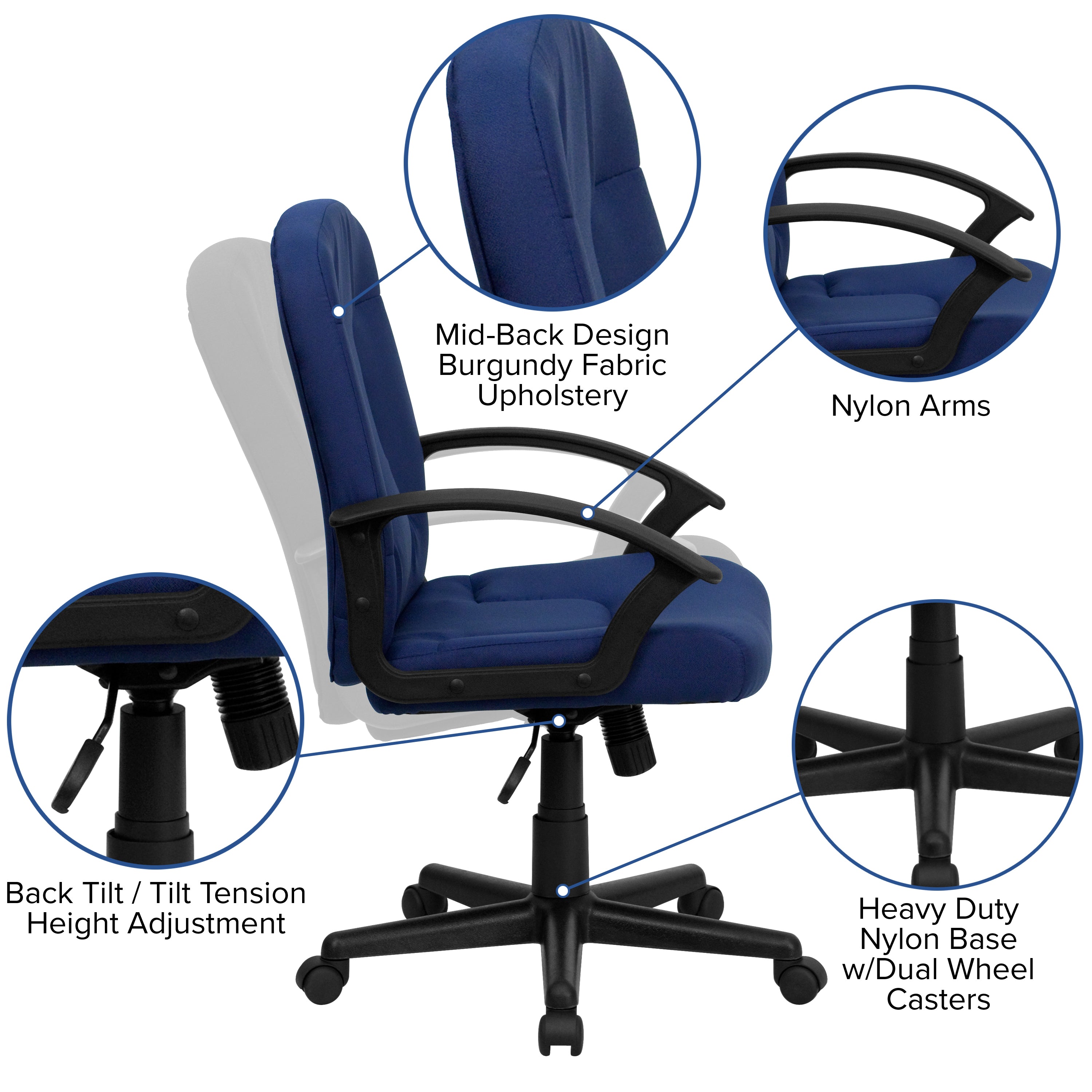 Garver Mid-Back Navy Fabric Executive Swivel Office Chair with Nylon Arms